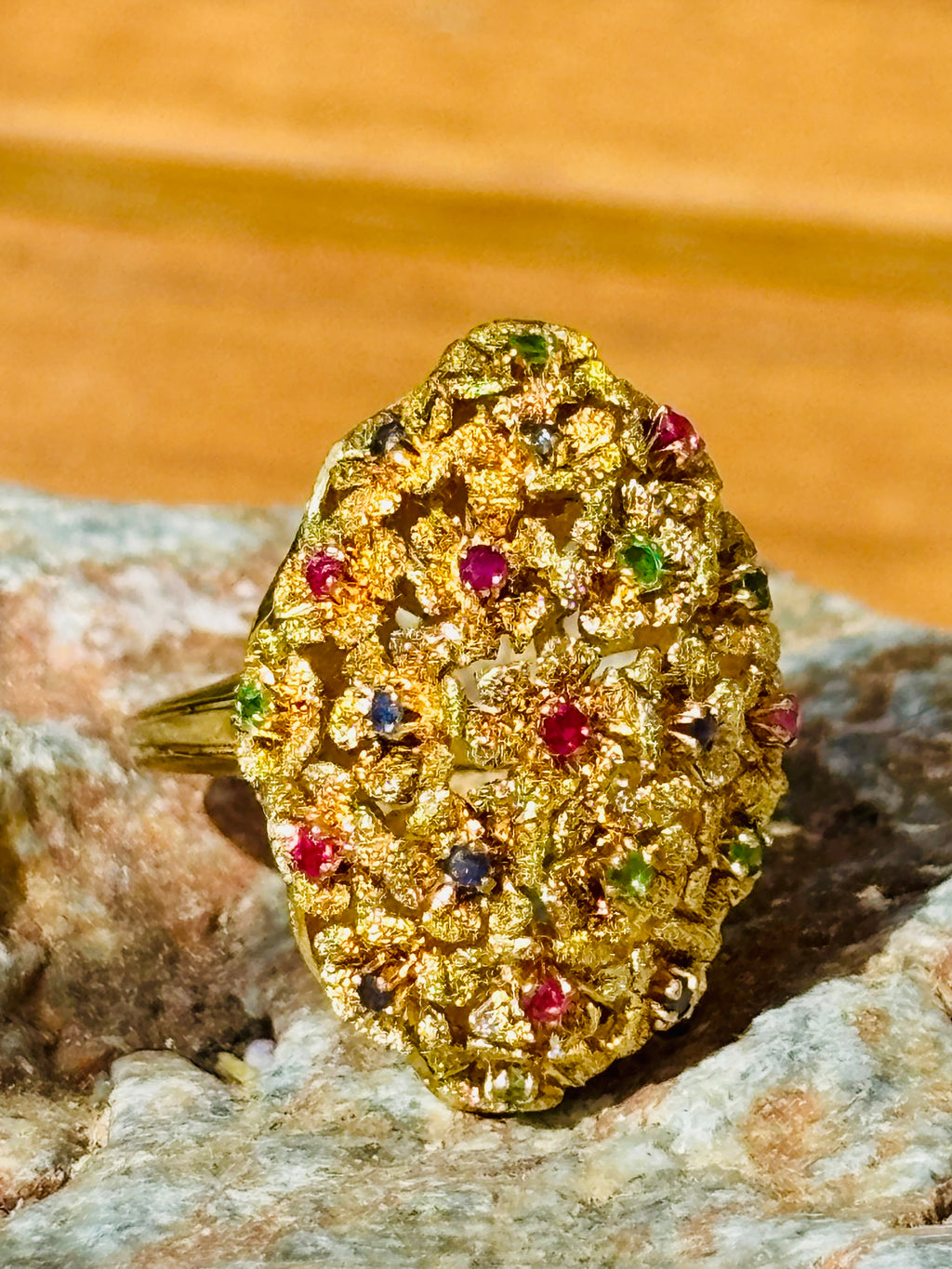 Vintage 18 Karat Gold 21 Flower Ruby Sapphire Emerald Sculptural Ring