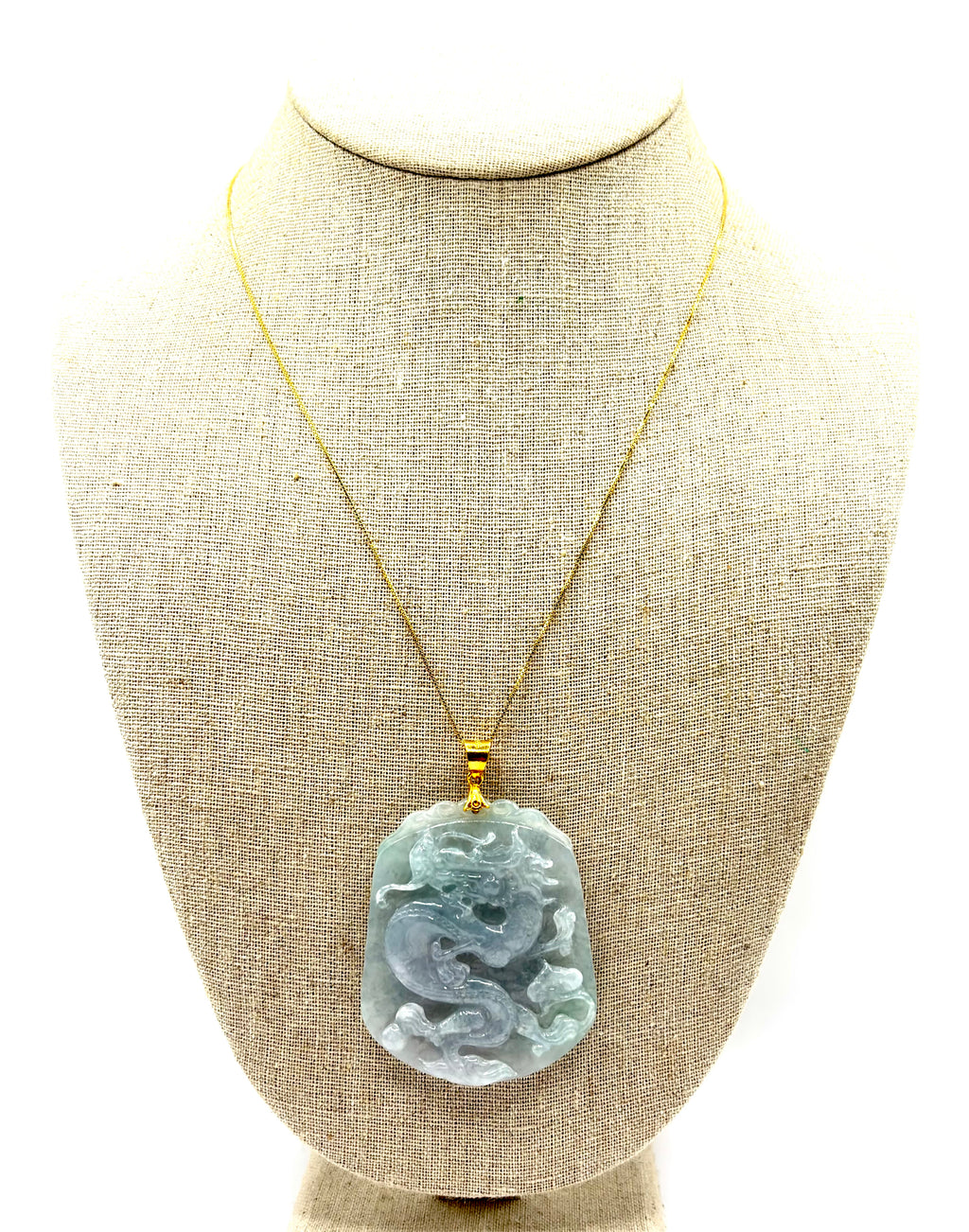 Large Vintage Carved Jadeite Jade Dragon Pendant 24K Fine Gold Bail, Certified