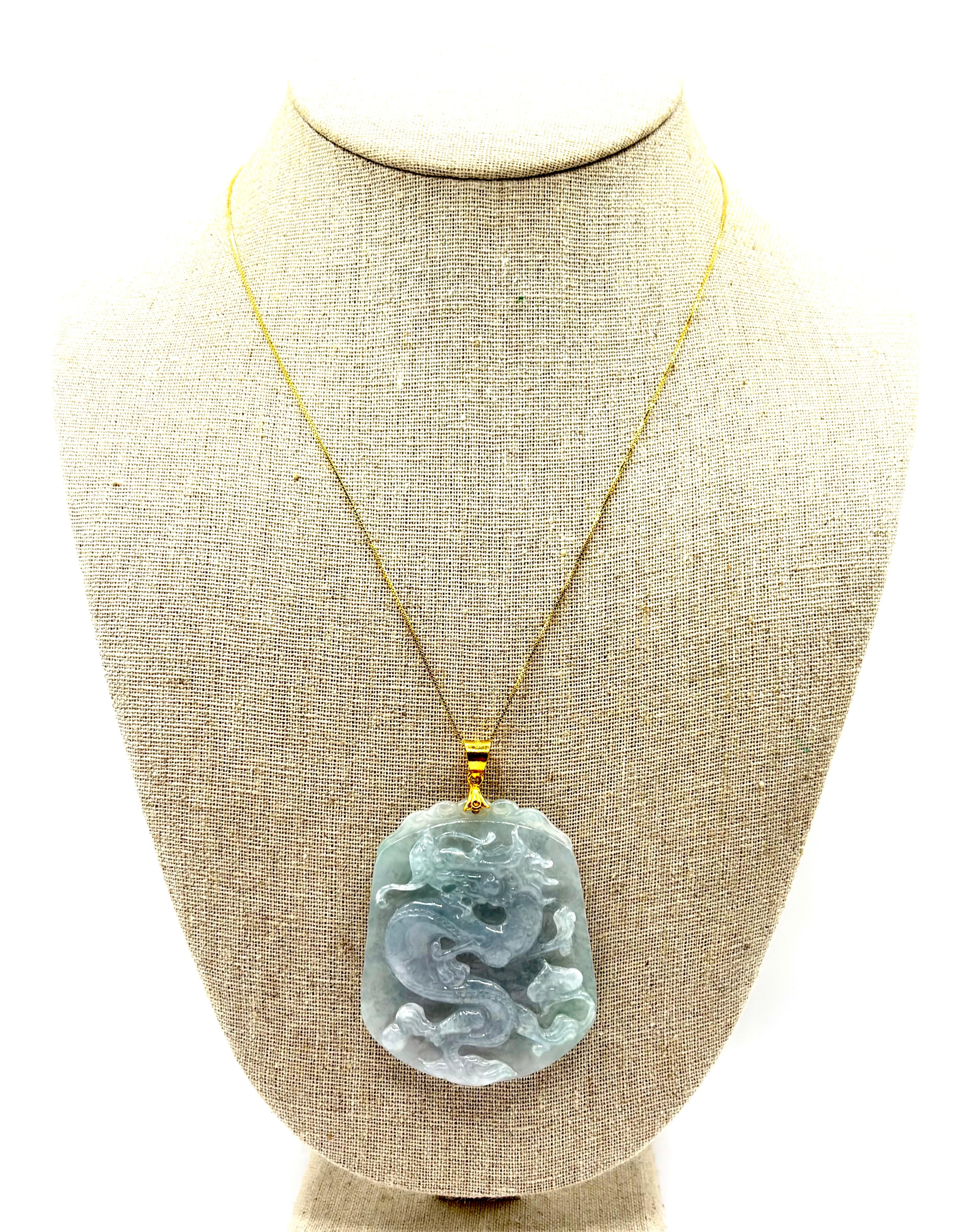 Large Vintage Carved Jadeite Jade Dragon Pendant 24K Fine Gold Bail, Certified