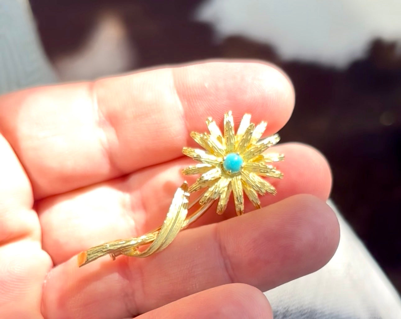 Vintage Tiffany & Co. France Turquoise Flower Brooch in Textured 18K Gold, 1960