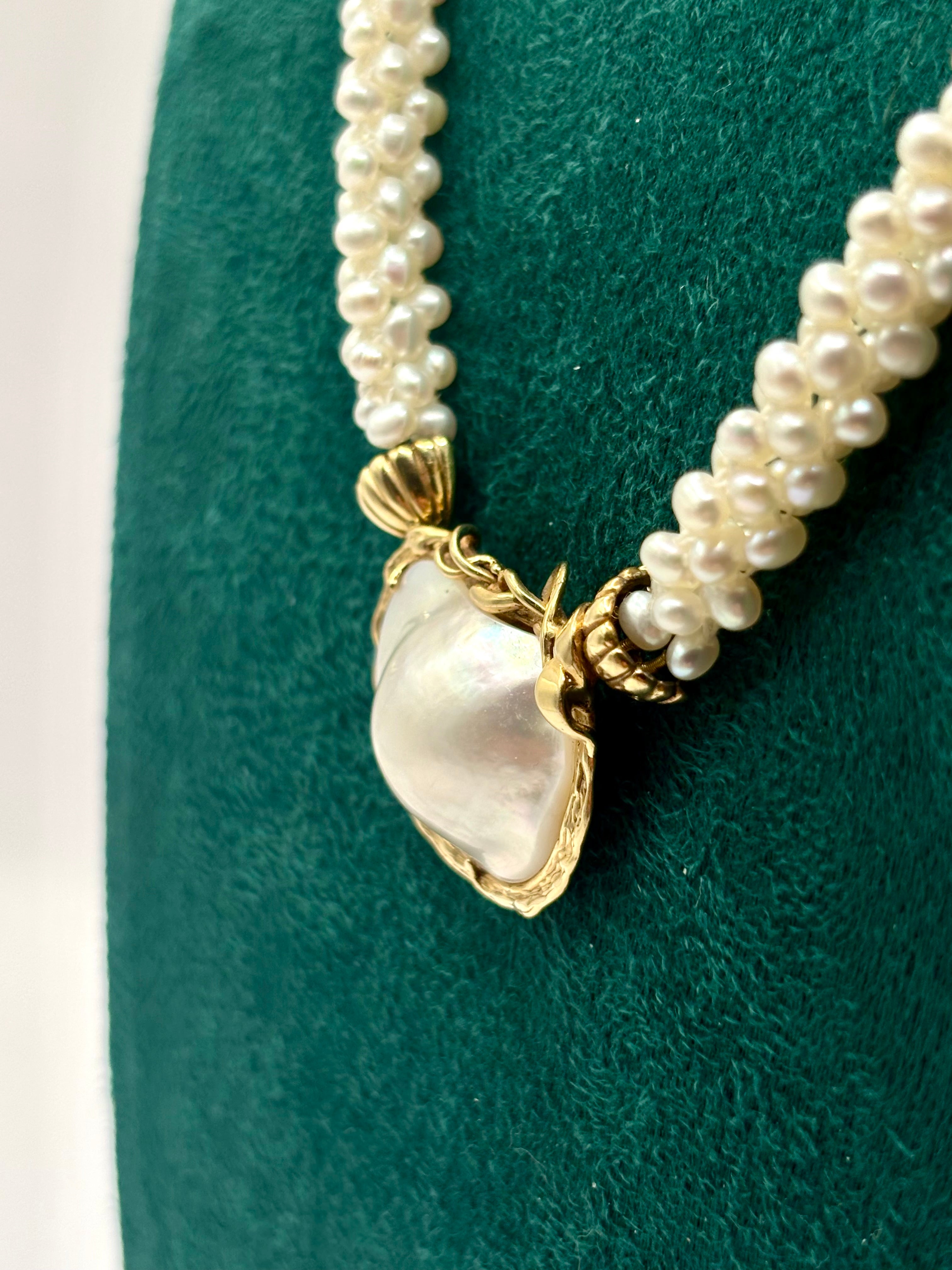 Pearl Necklace with Gold Multi-Strand Freshwater Pearls Large Mother of Pearl Gold Mounted Pendant