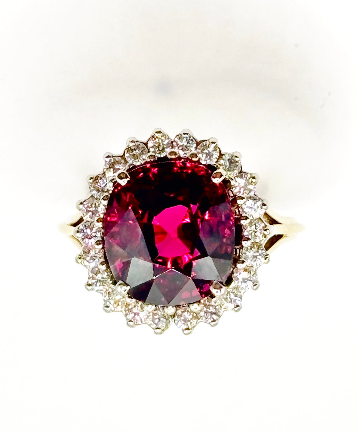 Exquisite Vintage Cocktail Ring 7.15 Carat Rhodolite Garnet with Diamonds in 18K Gold