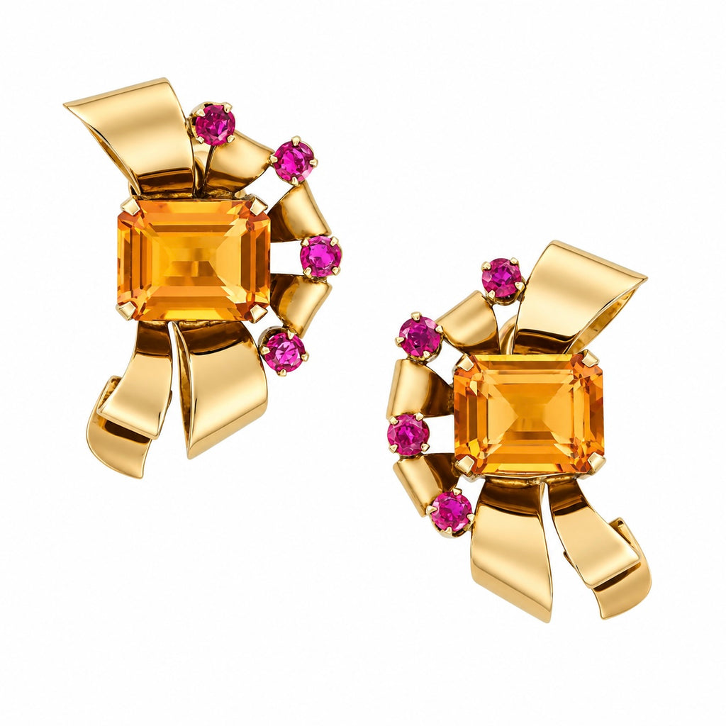 Tiffany & Co Retro 14 Karat Gold Citrine and Ruby Earrings, Circa 1940
