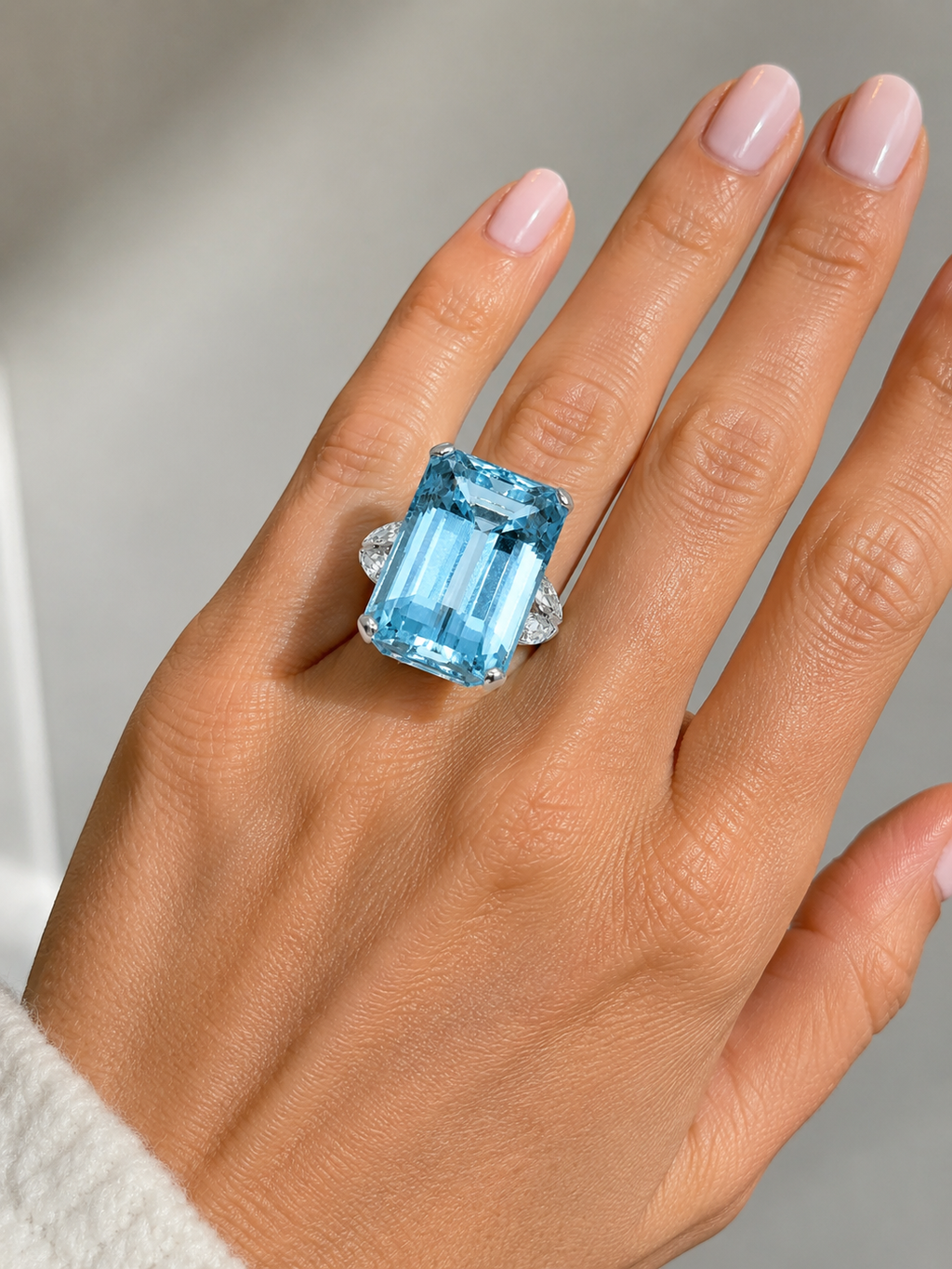 Impressive Large Aquamarine Cocktail Ring, 30 Carats, Art Deco style and 0.80 Marquise Diamonds in 18k White Gold