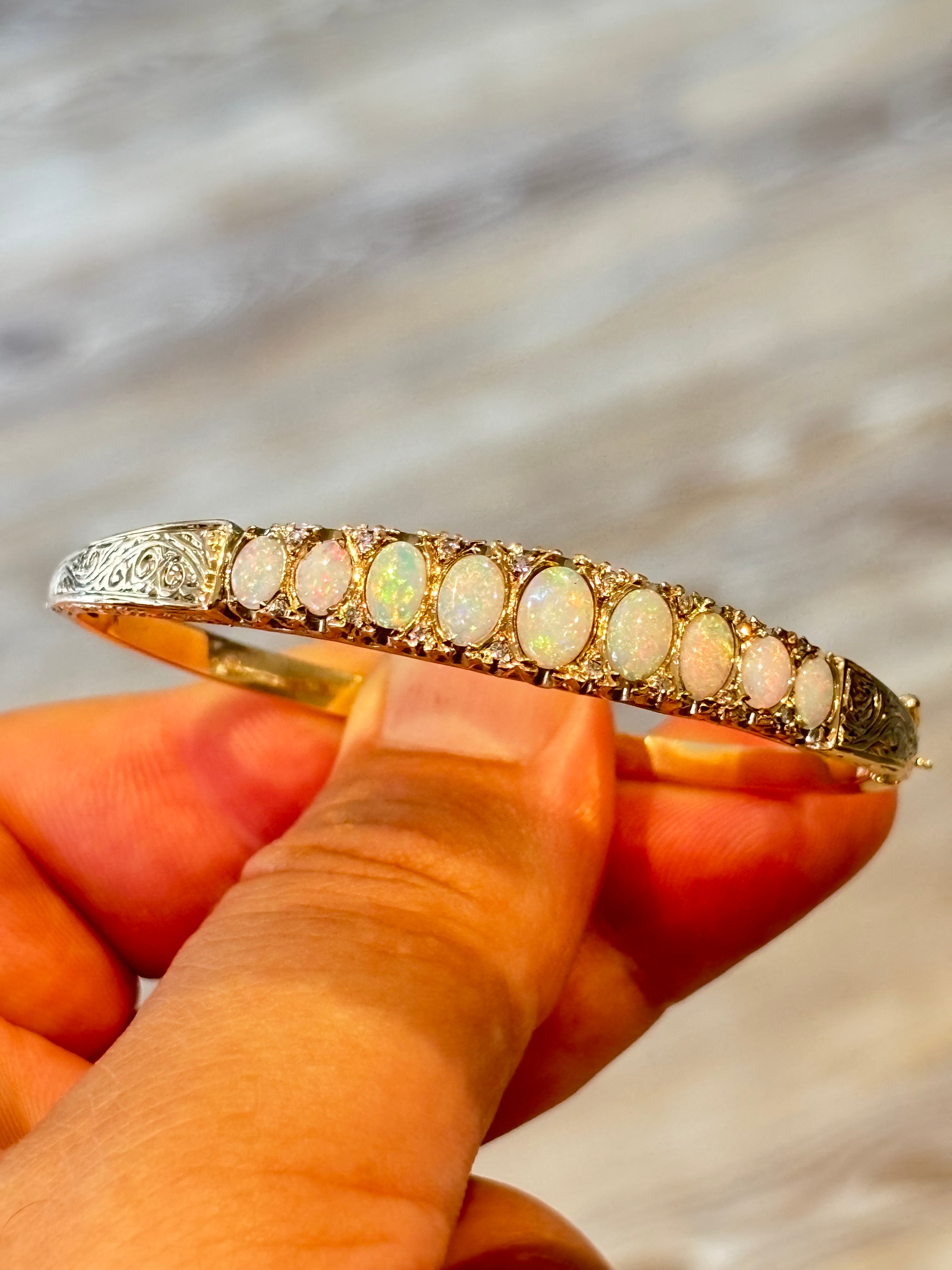 Vintage English 9 Carat Gold Opal and Diamond Victorian Revival Hinged Bangle Bracelet, London Hallmarks