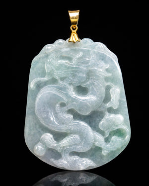 Large Vintage Carved Jadeite Jade Dragon Pendant 24K Fine Gold Bail, Certified