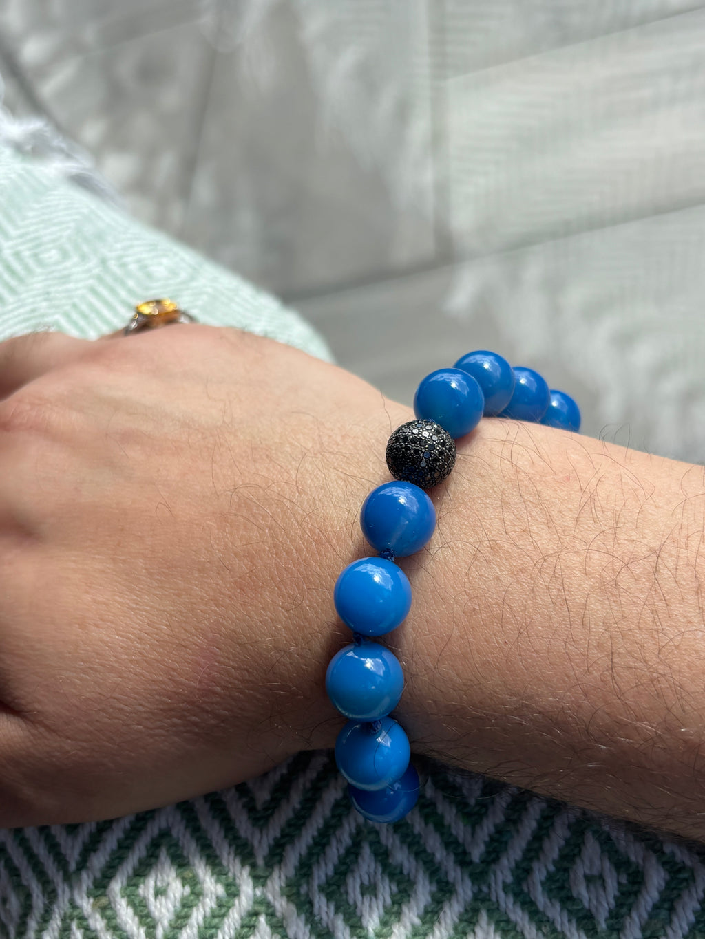 Blue Agate Bracelet with Black Diamond Pavé Sterling Silver Enhancer | 14mm Beads | 41g