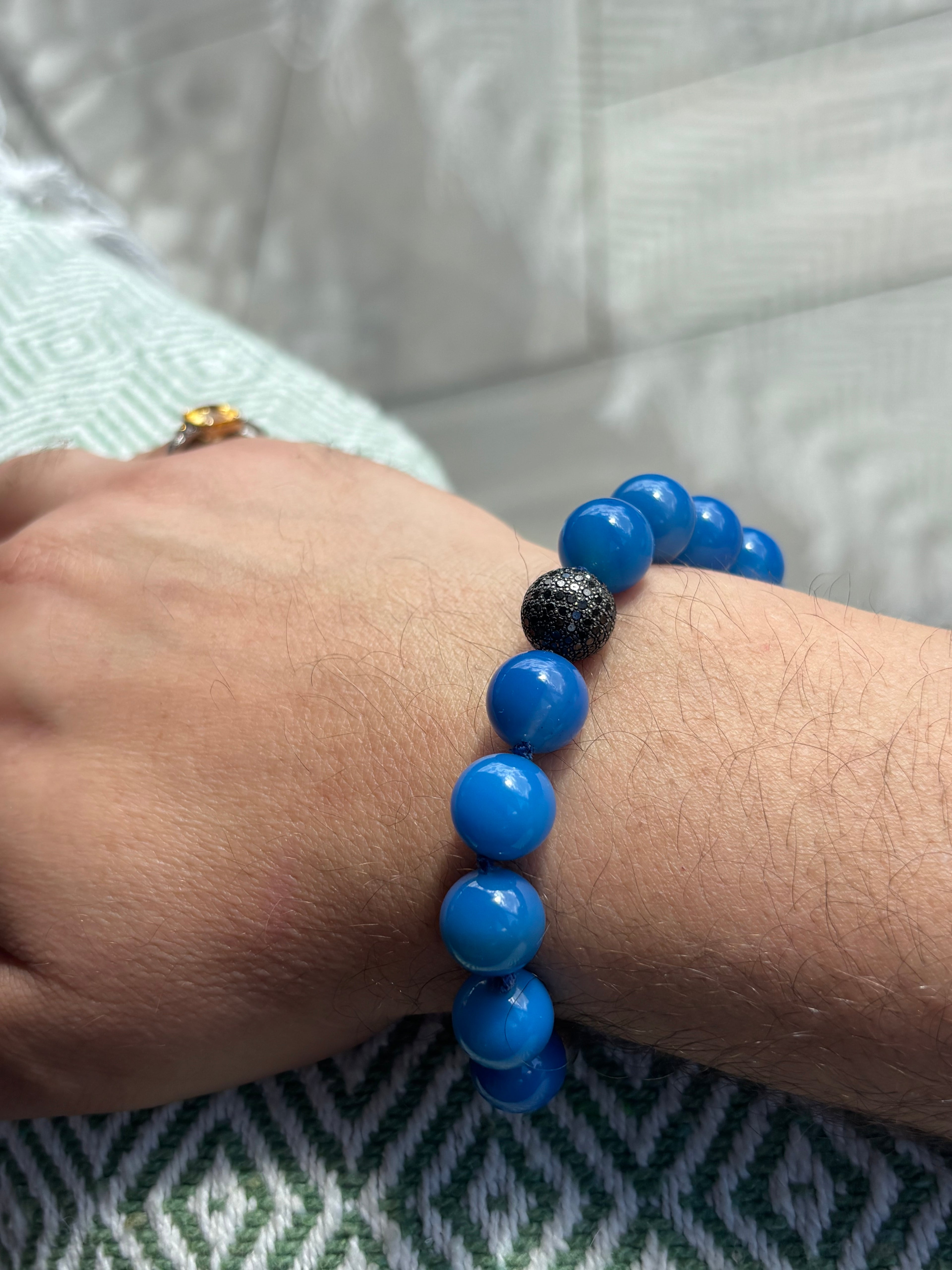 Blue Agate Bracelet with Black Diamond Pavé Sterling Silver Enhancer | 14mm Beads | 41g
