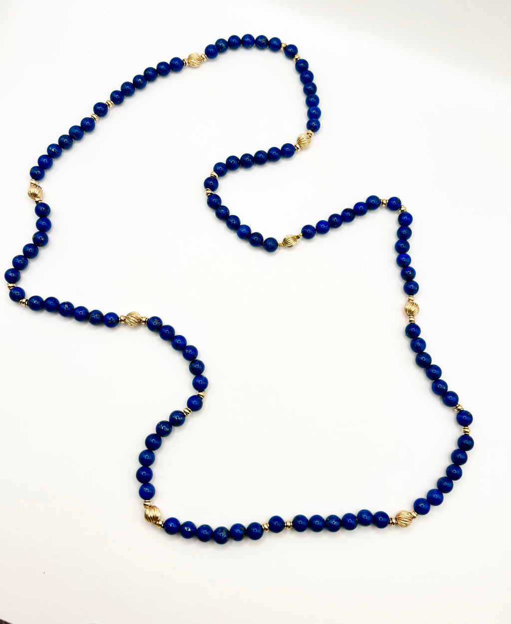 1980s Long Vintage Lapis Lazuli Bead Necklace 9 Carat Gold Fluted Spacers 100cm