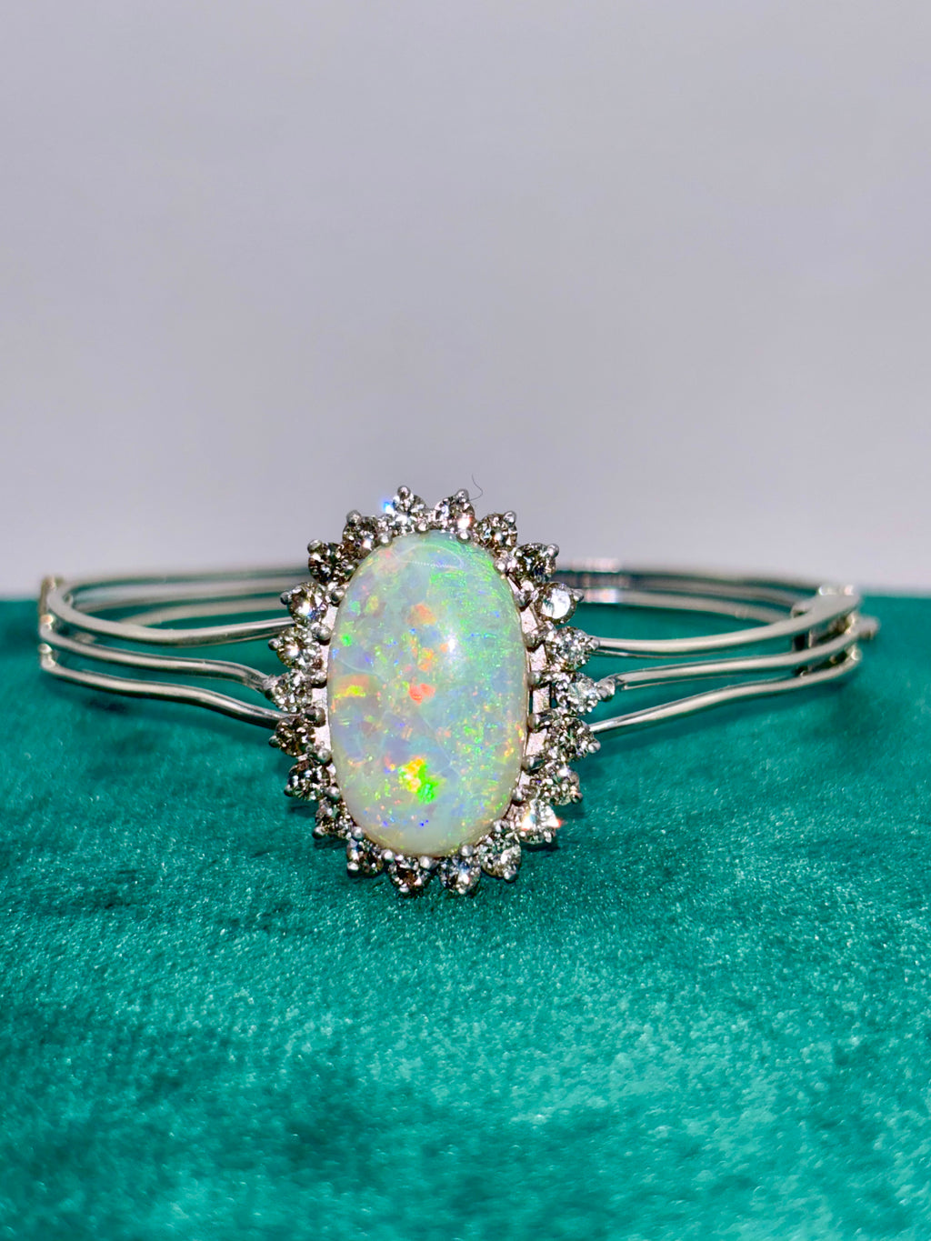 Vintage Opal Bangle 9.63 Carat Opal, 1.8 Carat Diamond 14K White Gold