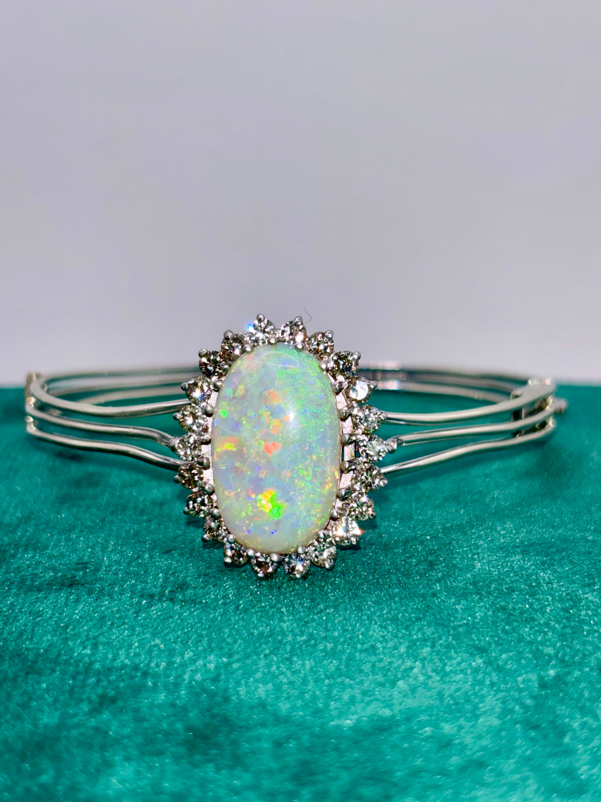 Vintage Opal Bangle 9.63 Carat Opal, 1.8 Carat Diamond 14K White Gold