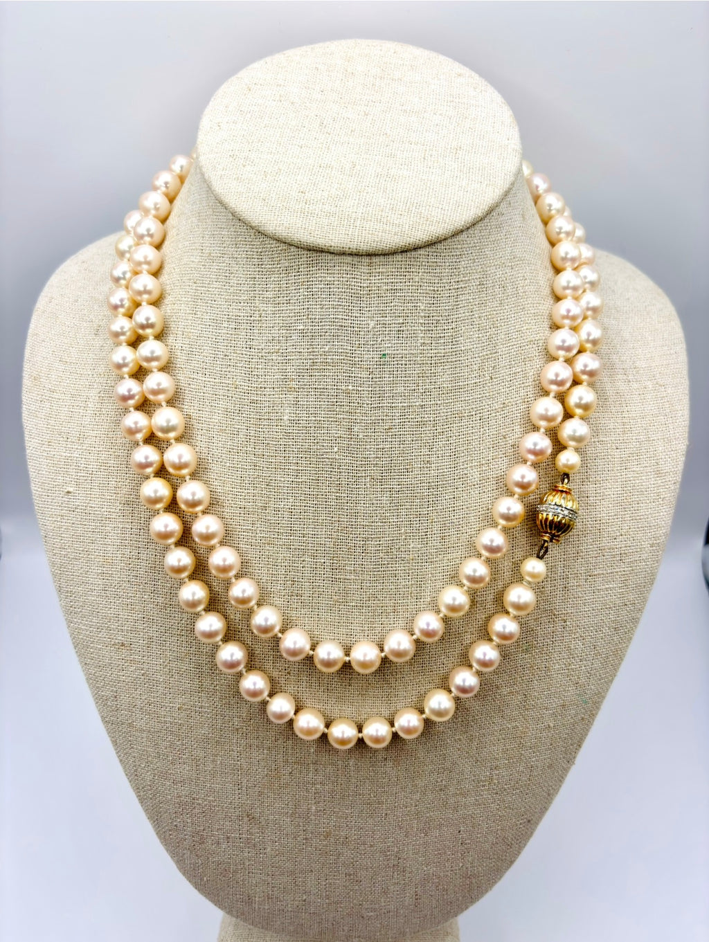 Exceptional Long Akoya Pearl Necklace, 97cm, 8mm Pearls, Hallmarked 18K Gold