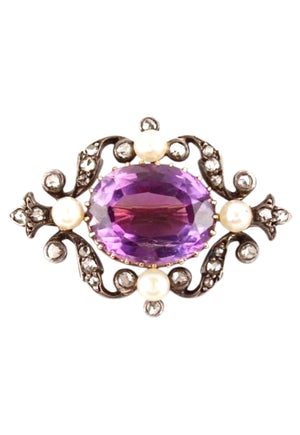 VICTORIAN AMETHYST BROOCH With Diamonds & Pearls from the 1880’s