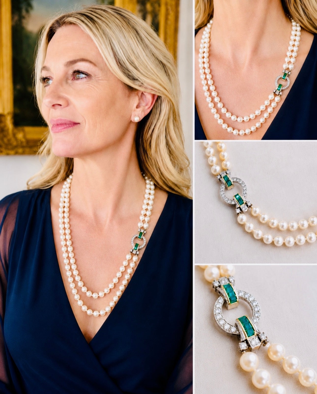 Exceptional Mid-Century Double-Strand Akoya Pearl Necklace 18K Gold Emeralds and Diamonds