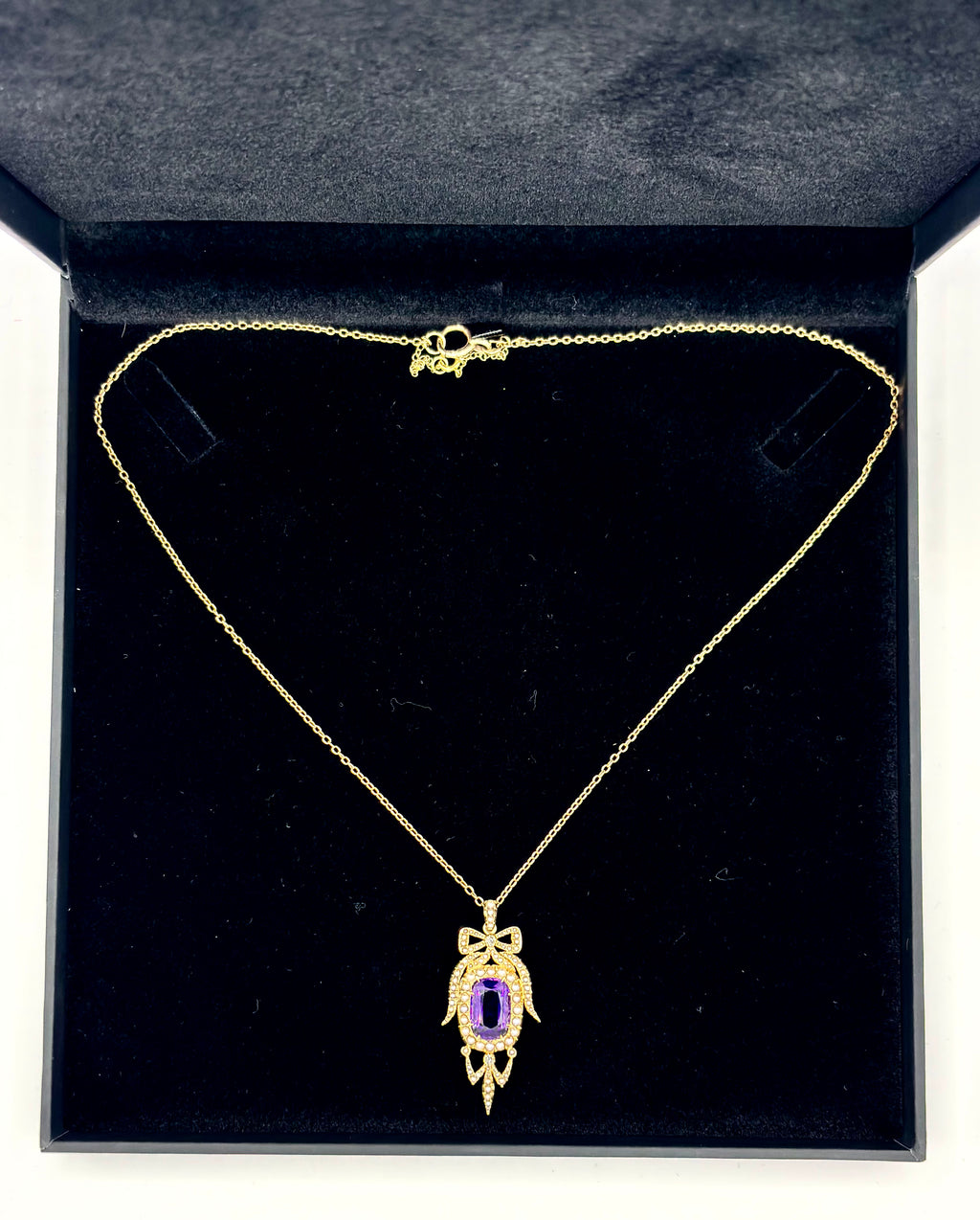 Antique Edwardian Amethyst Pearl Diamond Pendant Necklace in Gold.