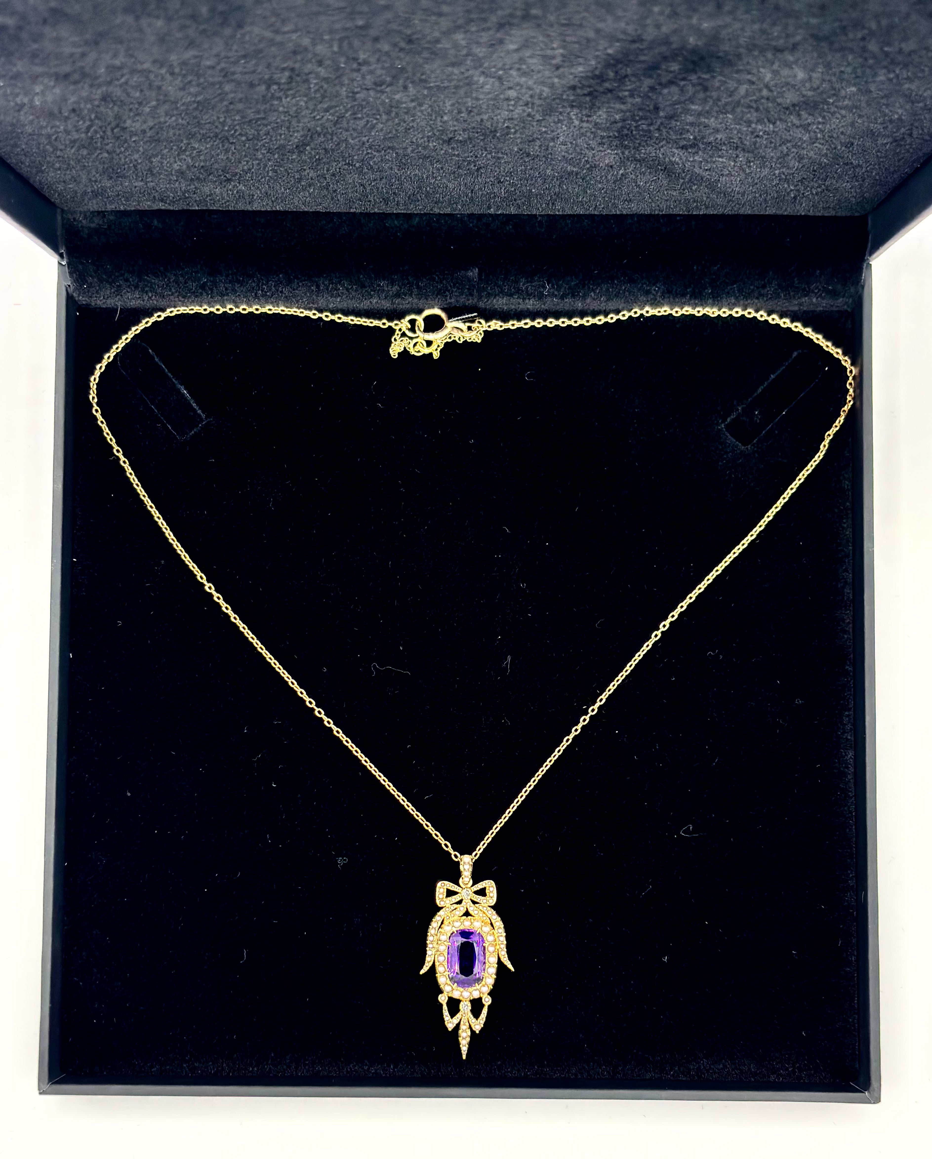 Antique Edwardian Amethyst Pearl Diamond Pendant Necklace in Gold.