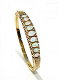 Vintage English 9 Carat Gold Opal and Diamond Victorian Revival Hinged Bangle Bracelet, London Hallmarks
