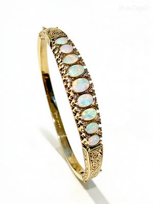 Vintage English 9 Carat Gold Opal and Diamond Victorian Revival Hinged Bangle Bracelet, London Hallmarks