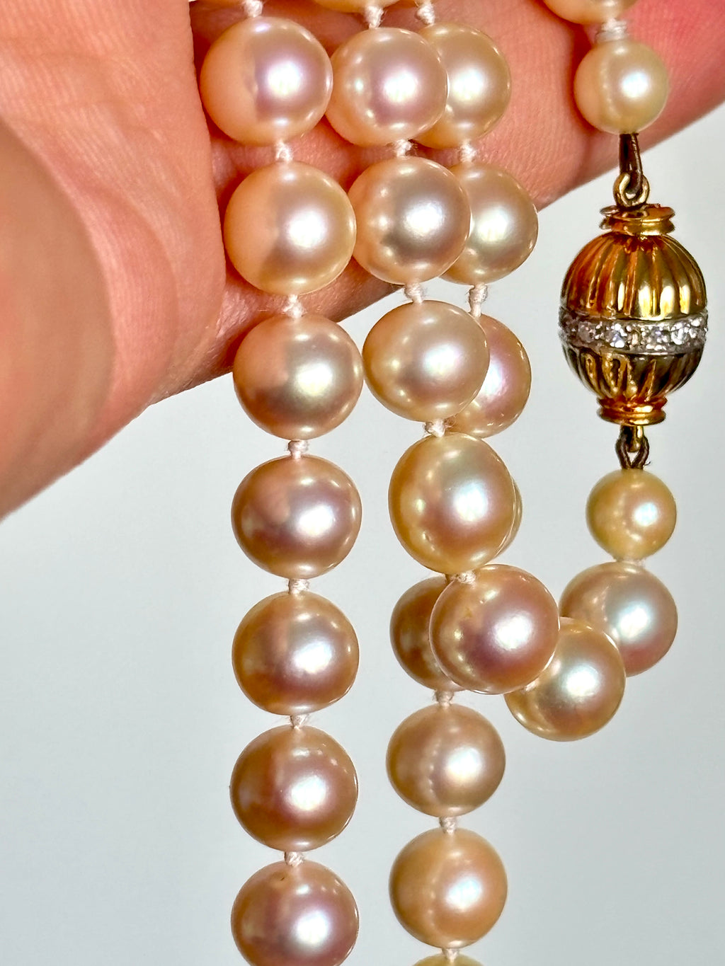 Exceptional Long Akoya Pearl Necklace, 97cm, 8mm Pearls, Hallmarked 18K Gold