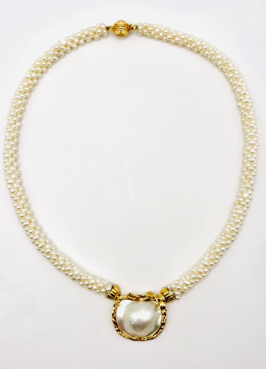 Pearl Necklace with Gold Multi-Strand Freshwater Pearls Large Mother of Pearl Gold Mounted Pendant