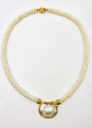 Pearl Necklace with Gold Multi-Strand Freshwater Pearls Large Mother of Pearl Gold Mounted Pendant