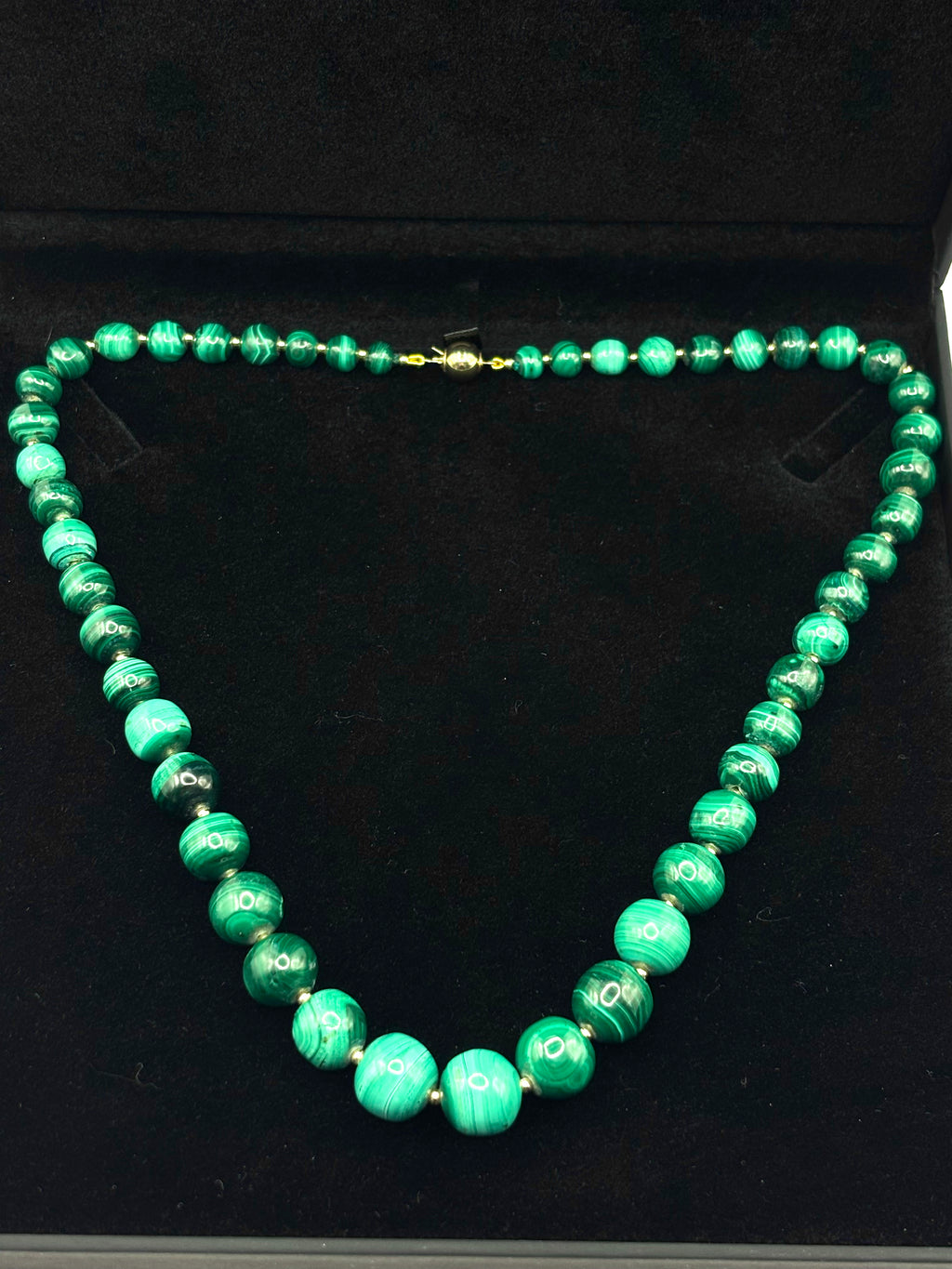 Vintage Malachite Bead Necklace, Graduated, 18k Gold Spacers & Clasp, 53cm long