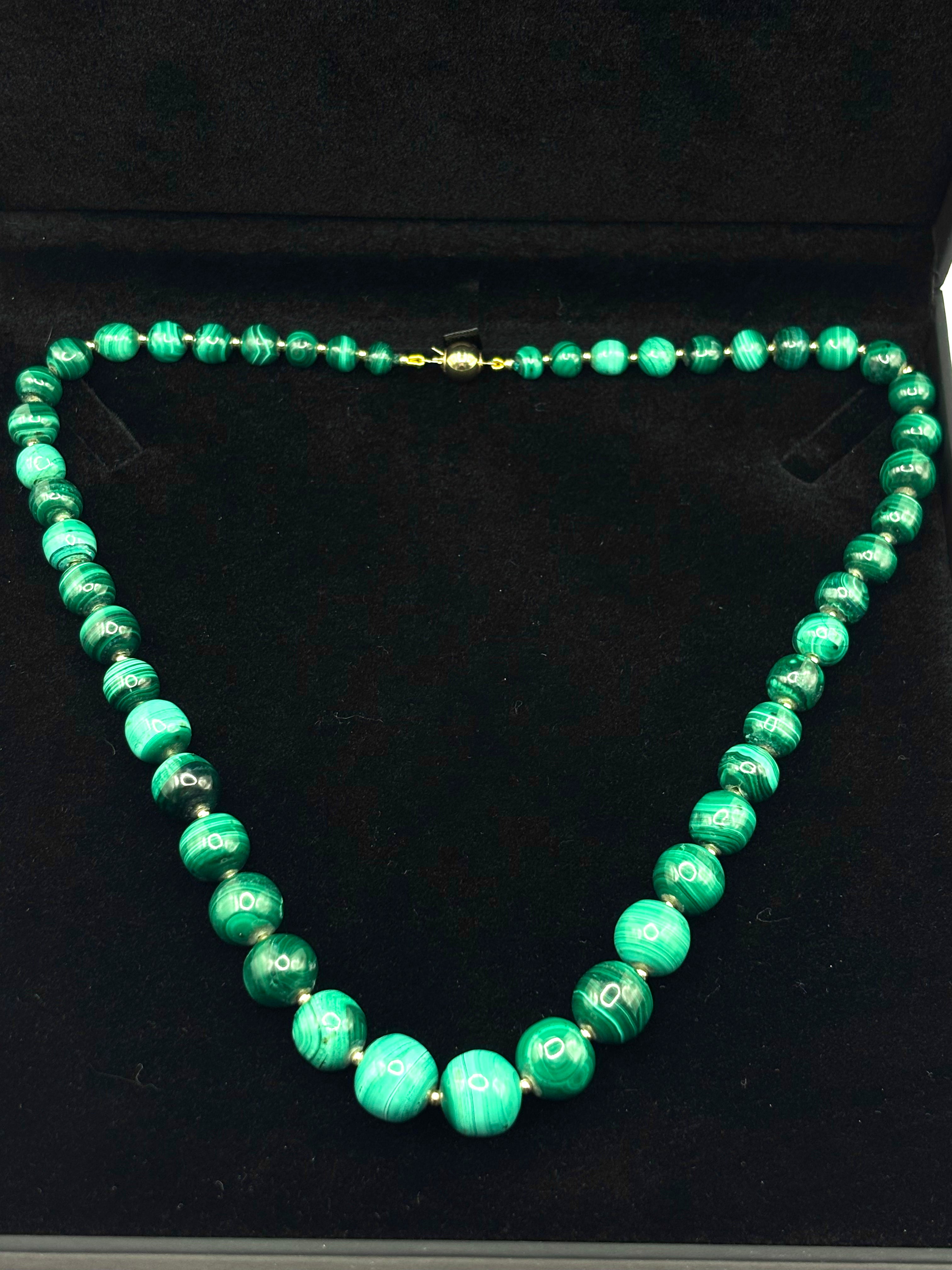 Vintage Malachite Bead Necklace, Graduated, 18k Gold Spacers & Clasp, 53cm long