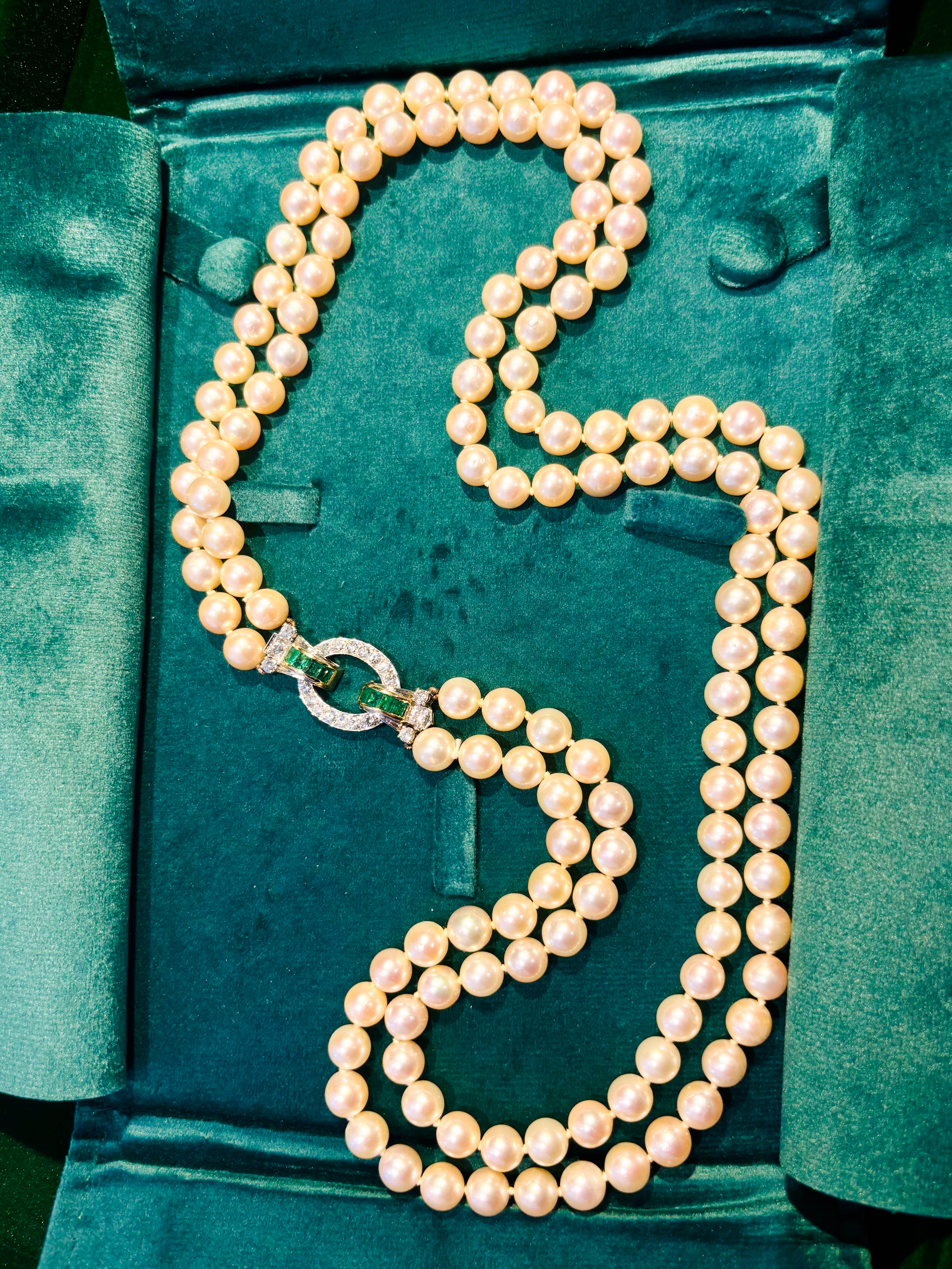 Exceptional Mid-Century Double-Strand Akoya Pearl Necklace 18K Gold Emeralds and Diamonds