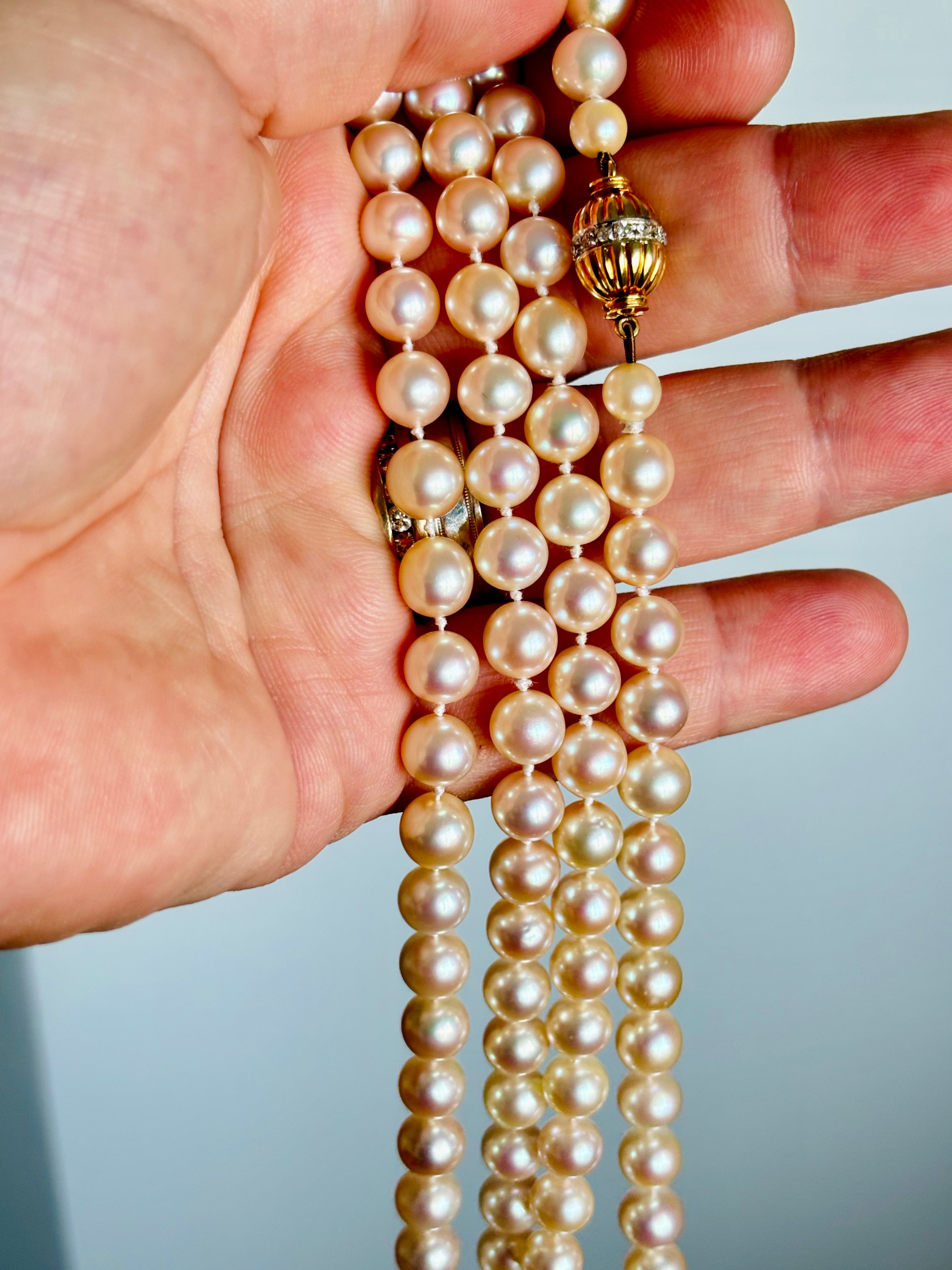 Exceptional Long Akoya Pearl Necklace, 97cm, 8mm Pearls, Hallmarked 18K Gold