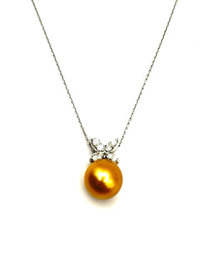 13mm Golden South Sea Pearl and Diamond Butterfly Pendant Necklace