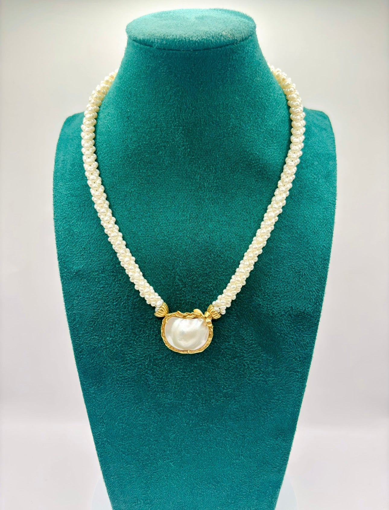 Pearl Necklace with Gold Multi-Strand Freshwater Pearls Large Mother of Pearl Gold Mounted Pendant