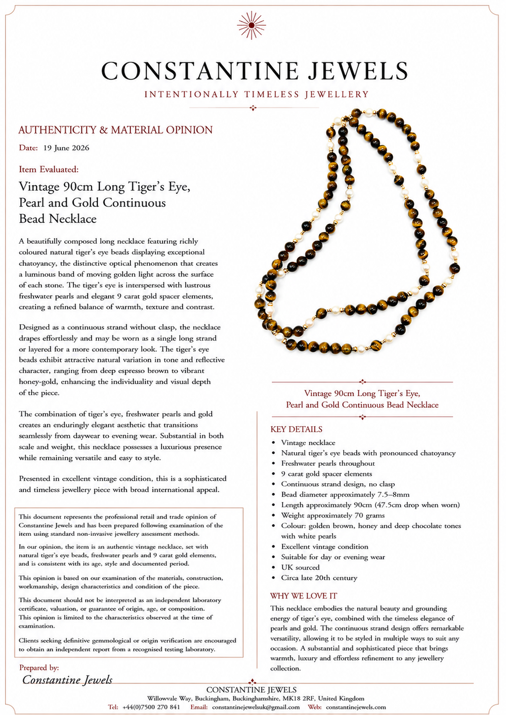 Vintage 90cm Long Tiger’s Eye, Pearl and Gold Continuous Bead Necklace