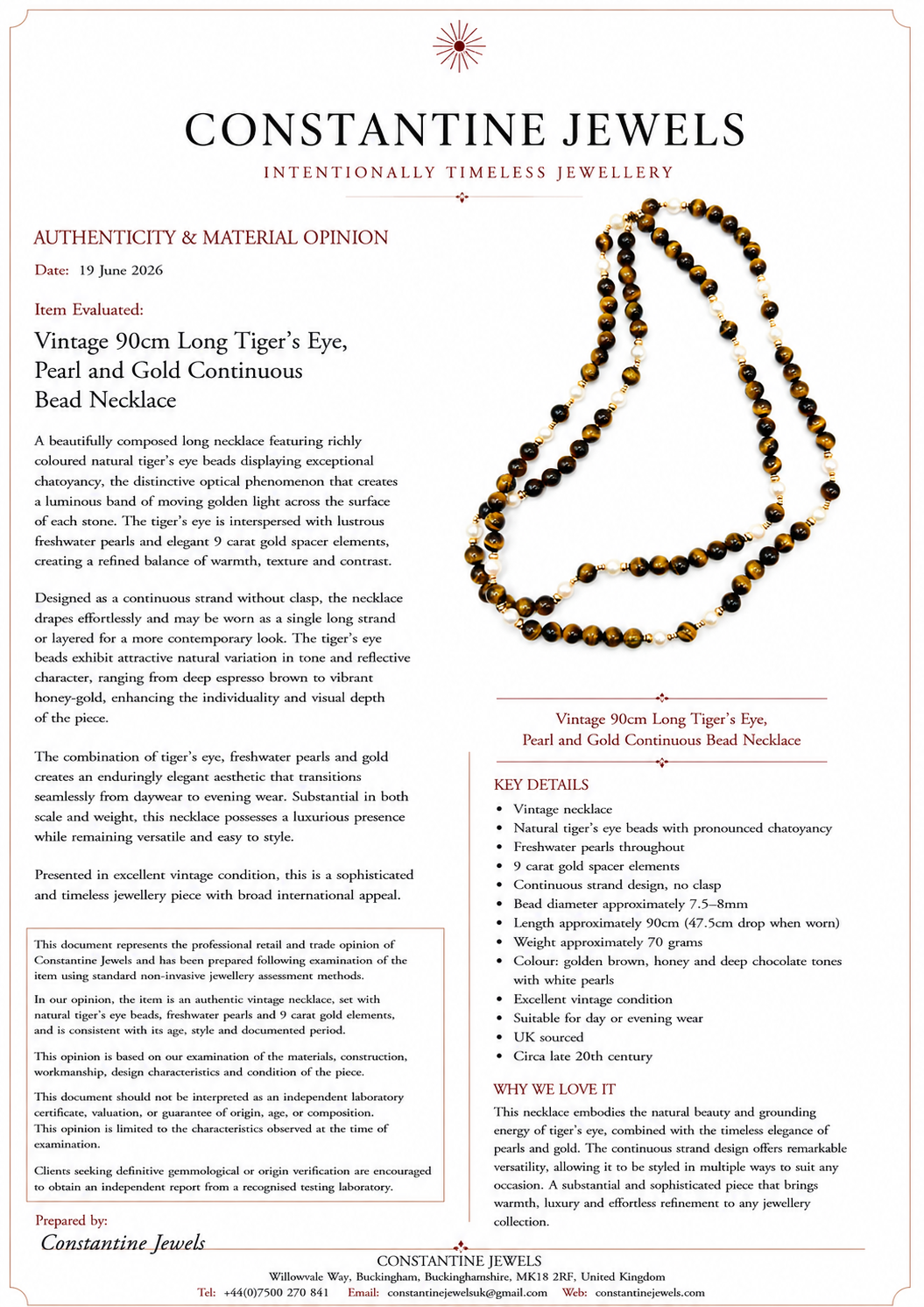 Vintage 90cm Long Tiger’s Eye, Pearl and Gold Continuous Bead Necklace