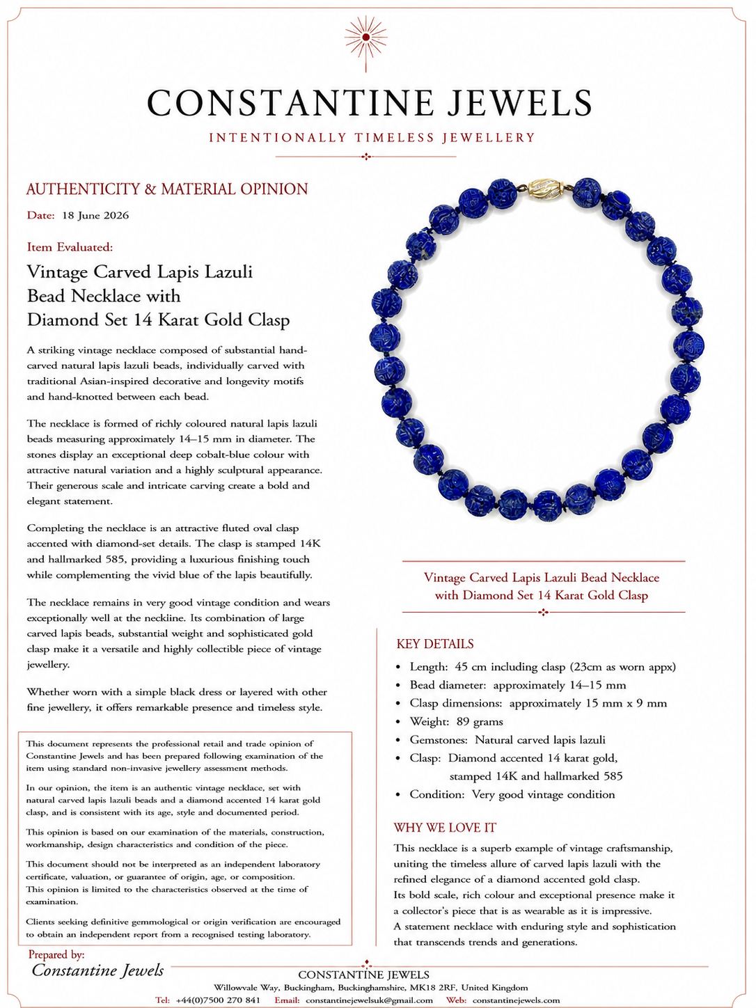 Vintage Carved Lapis Lazuli Bead Necklace with Diamond Set 14 Karat Gold Clasp