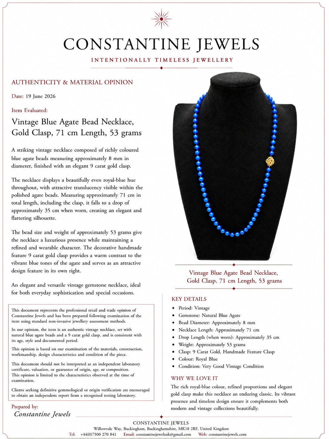 Vintage Blue Agate Bead Necklace, Gold Clasp, 71 cm Length, 53 grams