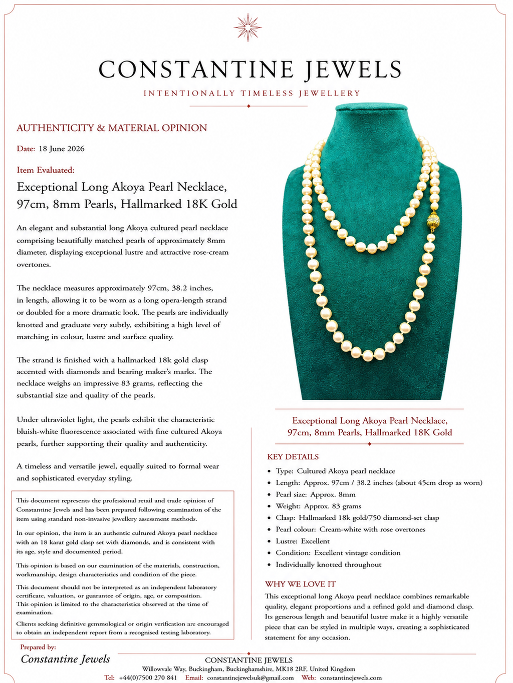 Exceptional Long Akoya Pearl Necklace, 97cm, 8mm Pearls, Hallmarked 18K Gold