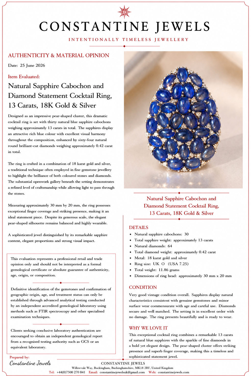 Natural Sapphire Cabochon and Diamond Statement Cocktail Ring, 13 Carats of Sapphires, 18K Gold & Silver