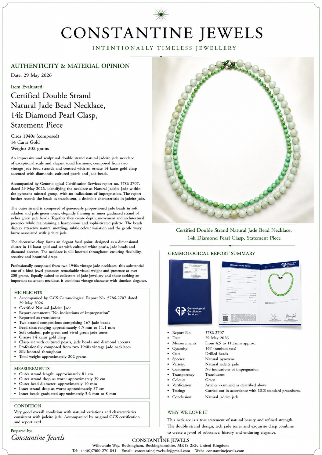 Certified Double Strand Natural Jade Bead Necklace, 14k Diamond Pearl Clasp, Statement Piece