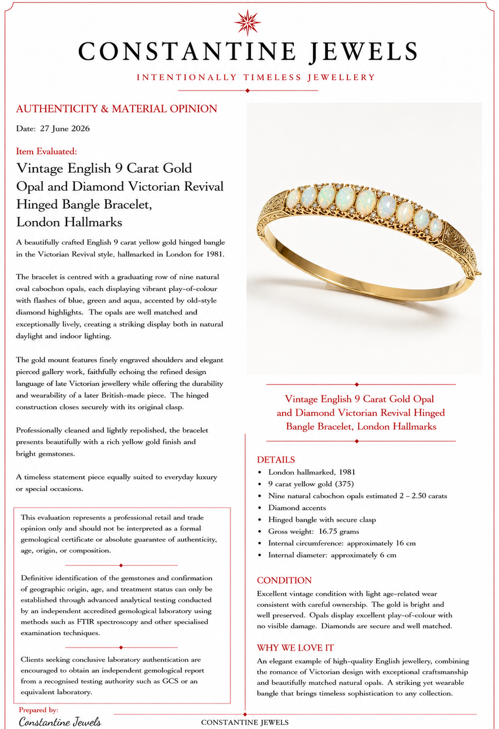 Vintage English 9 Carat Gold Opal and Diamond Victorian Revival Hinged Bangle Bracelet, London Hallmarks