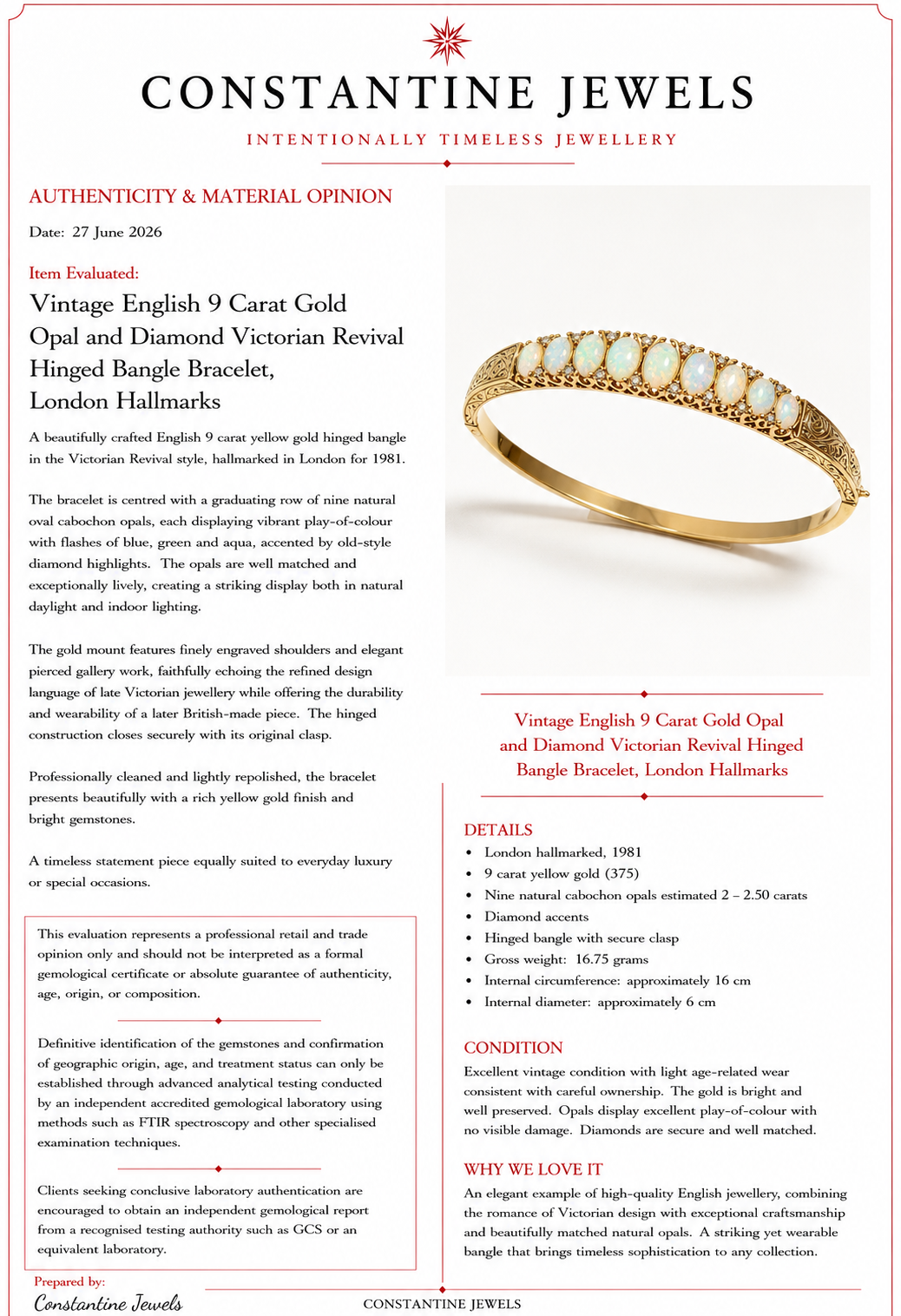 Vintage English 9 Carat Gold Opal and Diamond Victorian Revival Hinged Bangle Bracelet, London Hallmarks