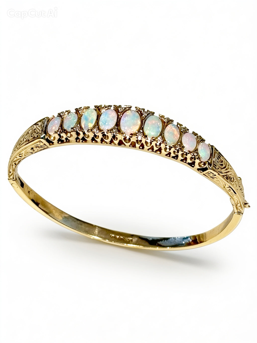 Vintage English 9 Carat Gold Opal and Diamond Victorian Revival Hinged Bangle Bracelet, London Hallmarks