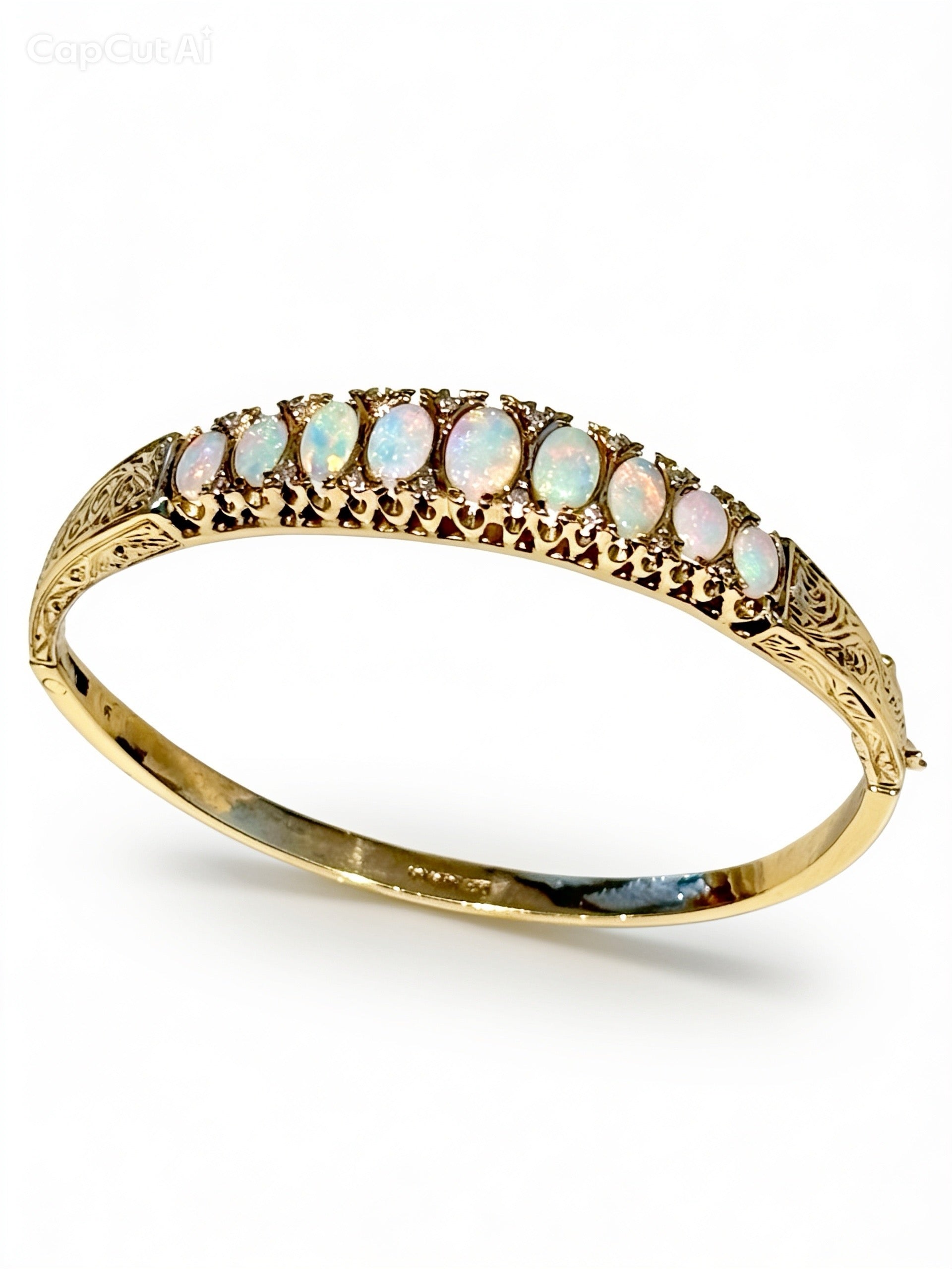 Vintage English 9 Carat Gold Opal and Diamond Victorian Revival Hinged Bangle Bracelet, London Hallmarks