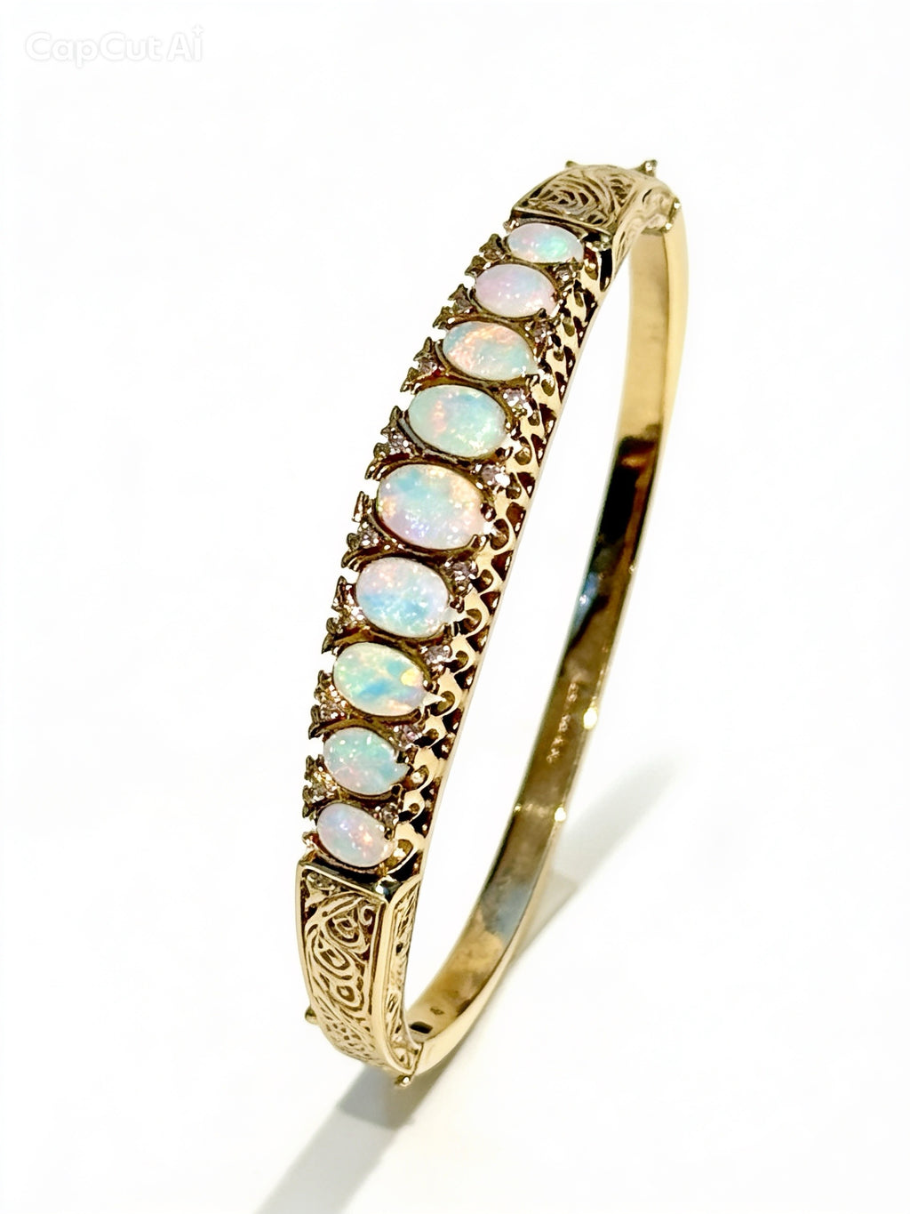 Vintage English 9 Carat Gold Opal and Diamond Victorian Revival Hinged Bangle Bracelet, London Hallmarks