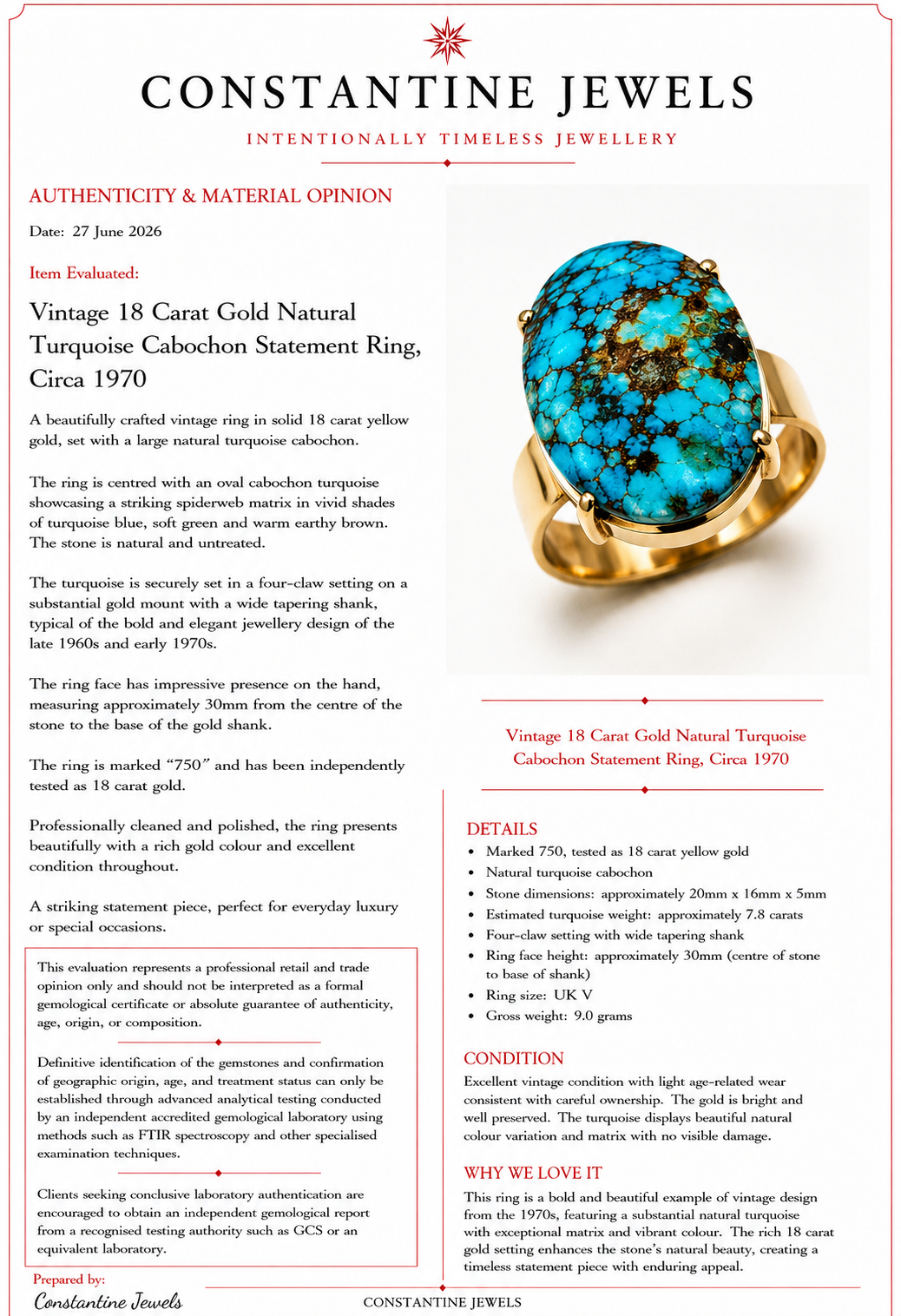Vintage 18 Karat Gold Large Natural Turquoise Cabochon Statement Ring, Circa 1970