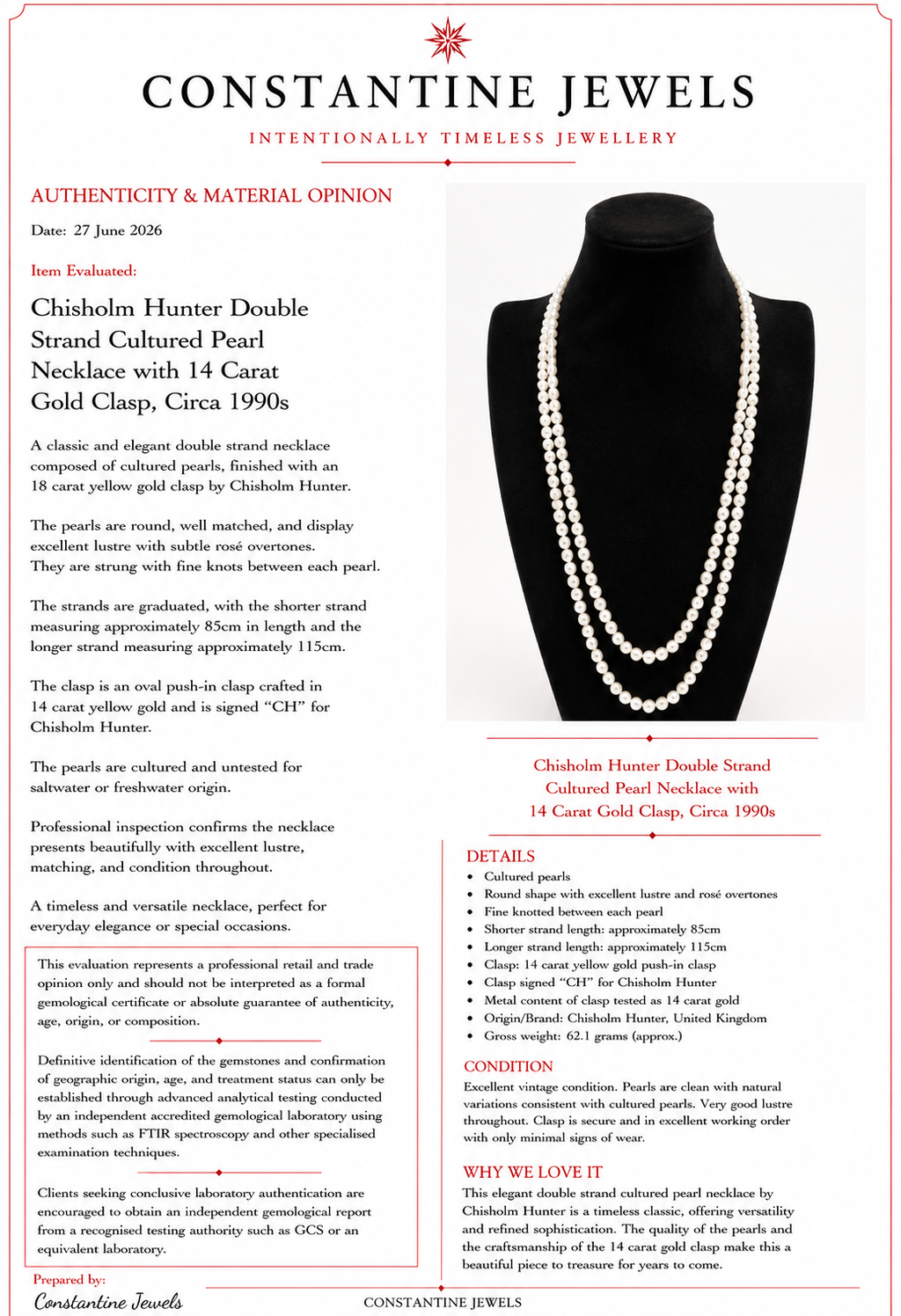 Vintage Graduated Cultured Pearl Double Opera Necklace with 14 Karat Gold Chisholm Hunter Clasp