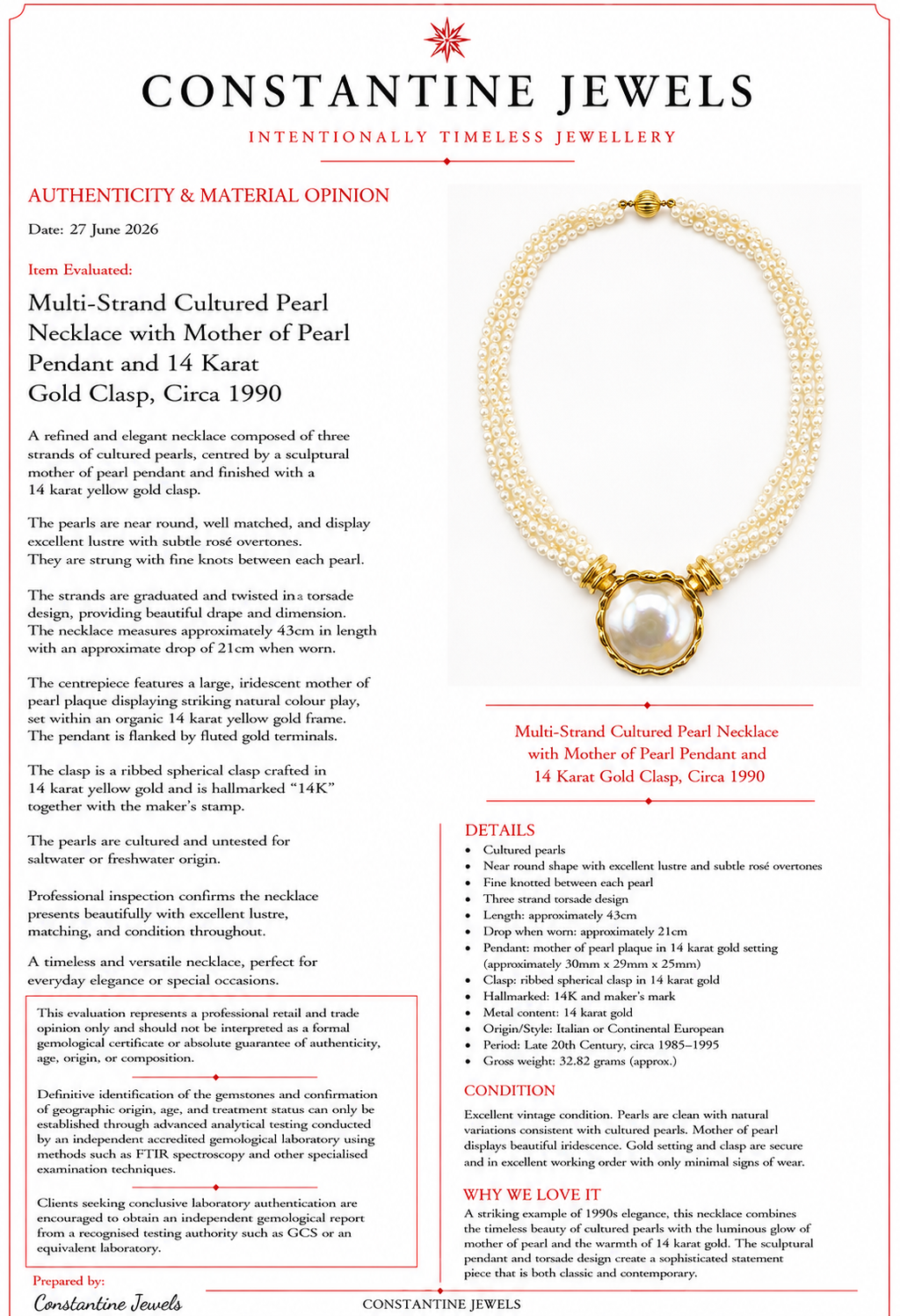 Pearl Necklace with Gold Multi-Strand Freshwater Pearls Large Mother of Pearl Gold Mounted Pendant
