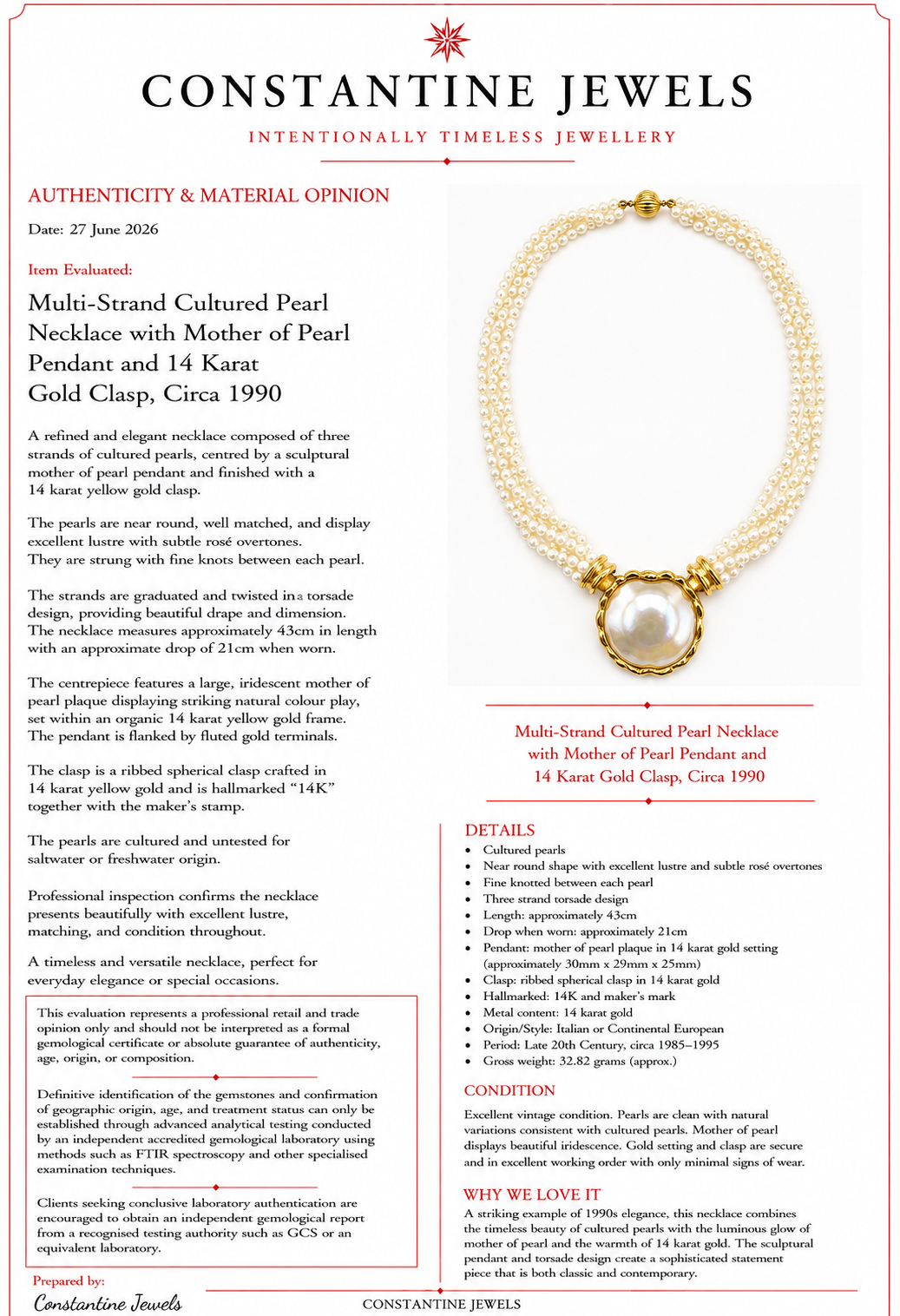 Pearl Necklace with Gold Multi-Strand Freshwater Pearls Large Mother of Pearl Gold Mounted Pendant