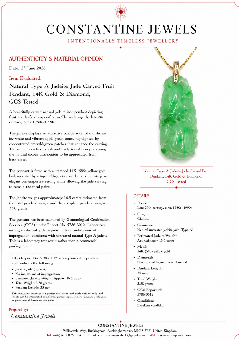 Natural Type A Jadeite Jade Carved Fruit Pendant, 14K Gold & Diamond, GCS Tested