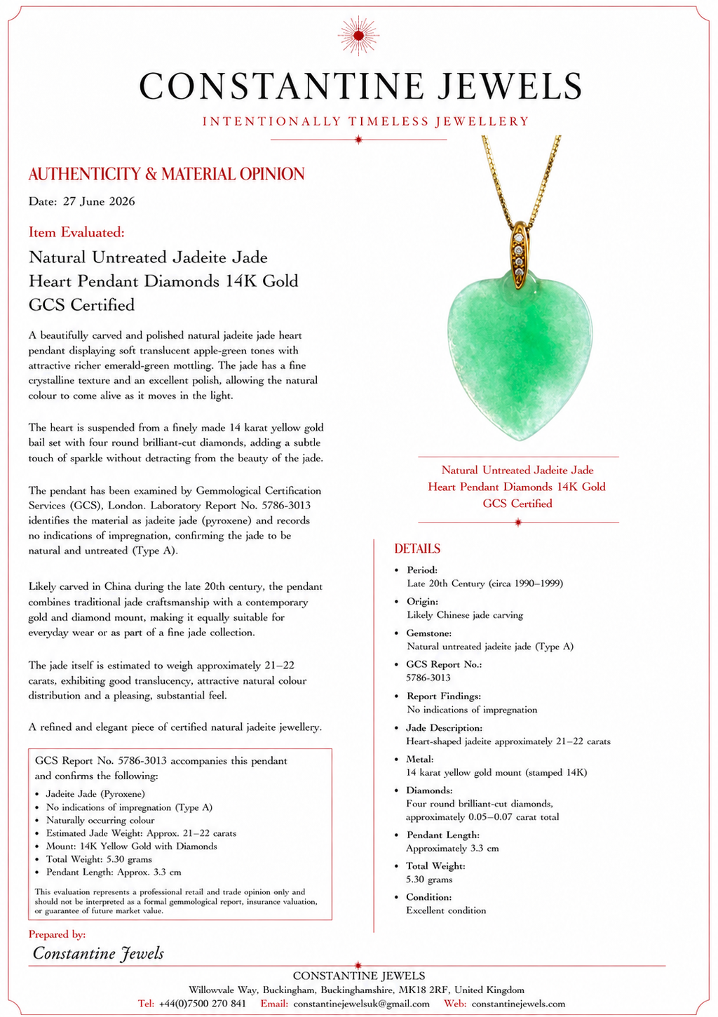 Natural Untreated Jadeite Jade Heart Pendant Diamonds 14K Gold GCS Certified