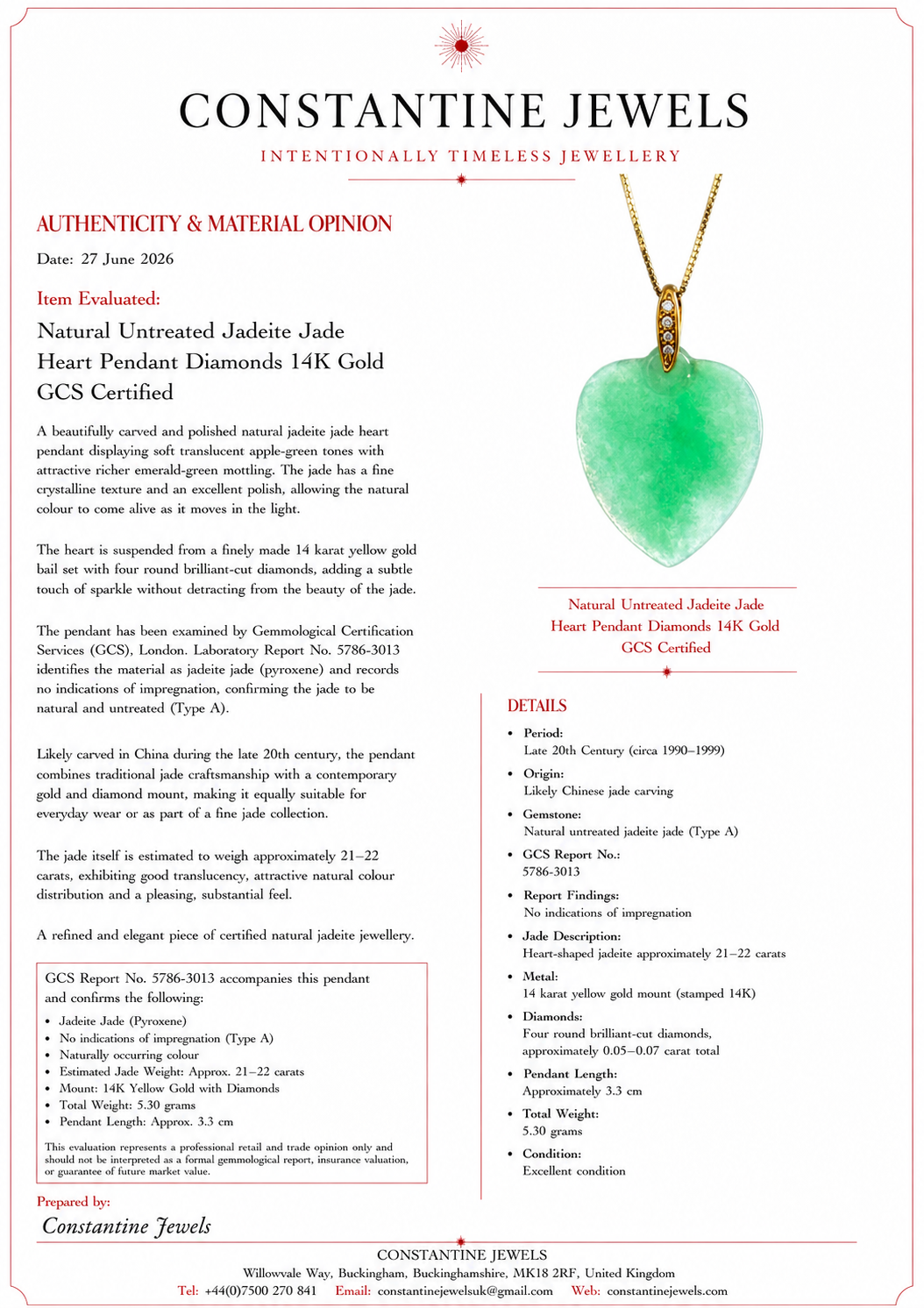 Natural Untreated Jadeite Jade Heart Pendant Diamonds 14K Gold GCS Certified